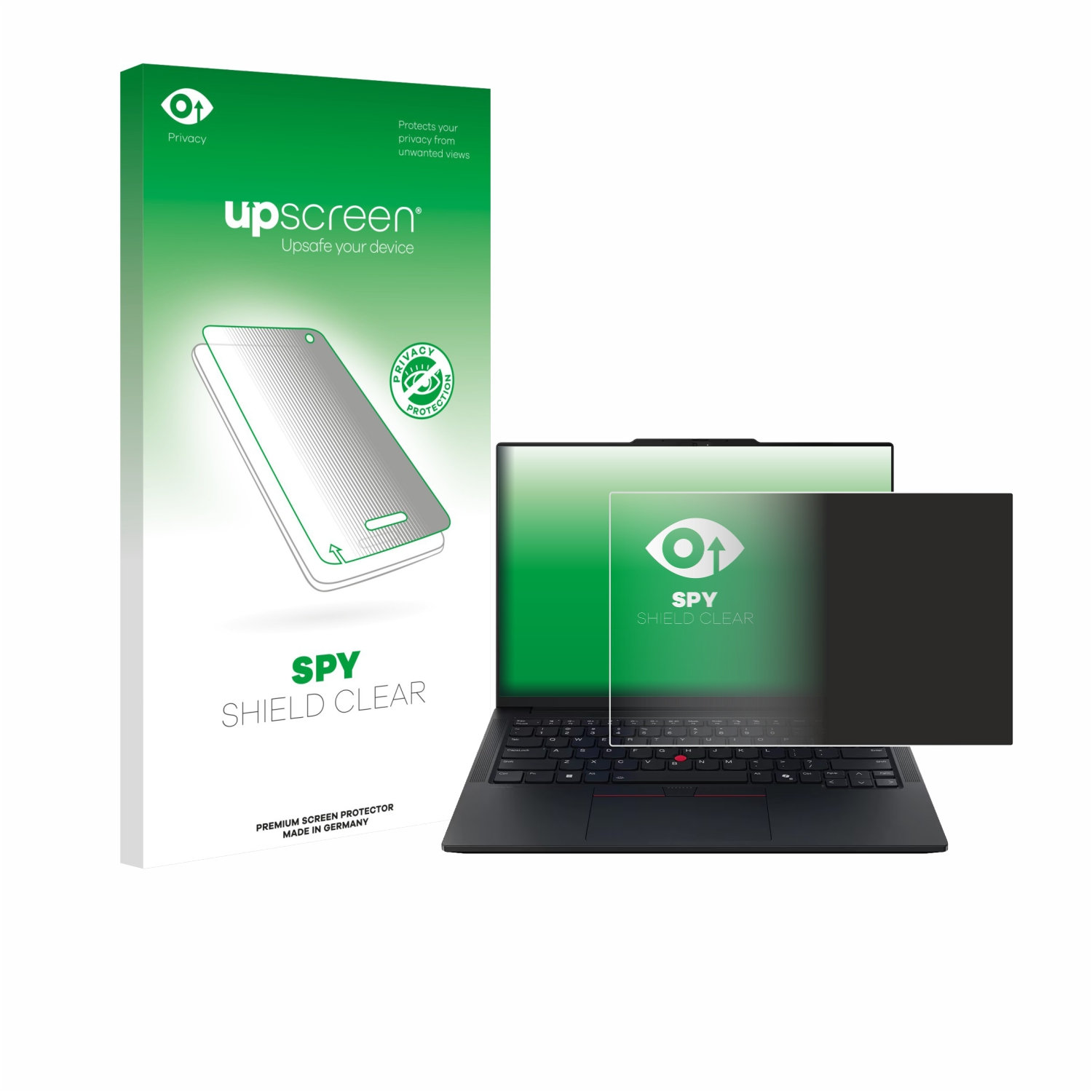 Laptop mit Blickschutzfolie. Box zeigt Privatsphäre-Symbol. Schutzfolie ist dunkel.