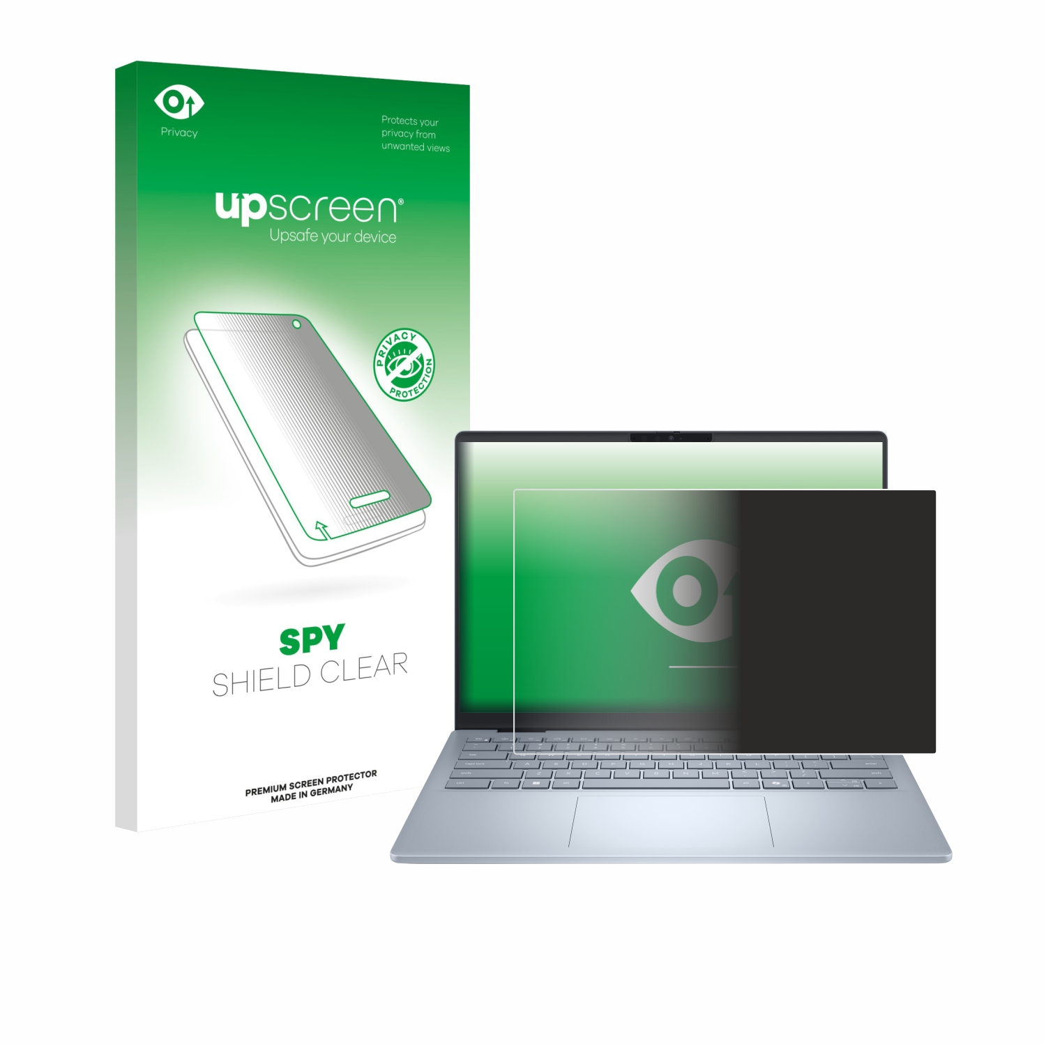 Ein Laptop mit Datenschutzfolie neben einer Box. Beide sind mit SPY SHIELD CLEAR beschriftet.