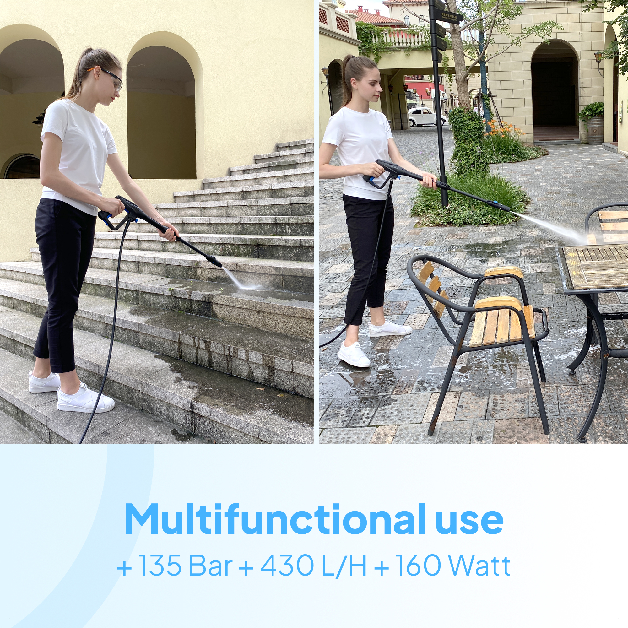 Frau benutzt Hochdruckreiniger auf Treppen und Tisch. Multifunktionale Nutzung: 135 Bar, 430 L/H, 160 Watt.