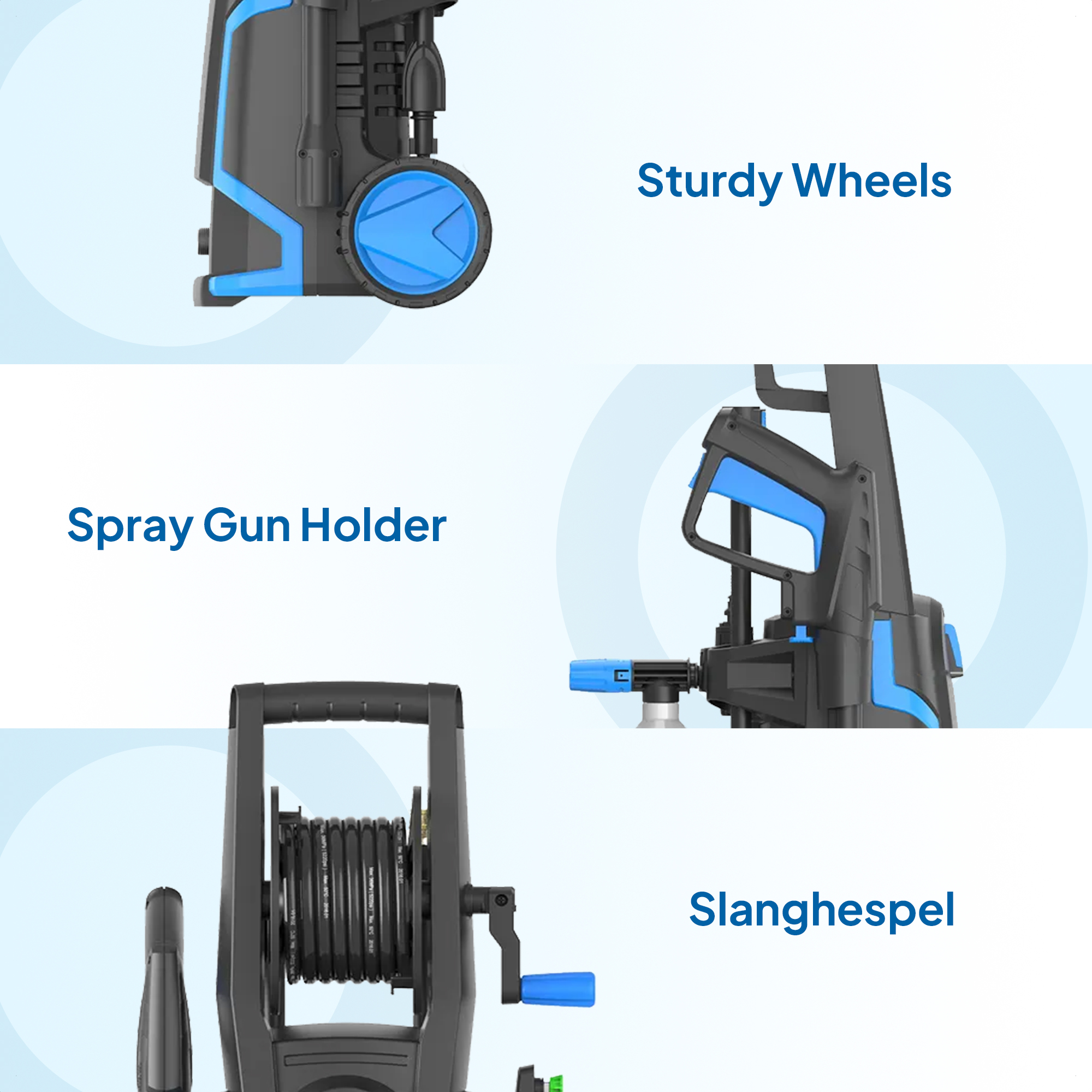 Bilder zeigen einen blau-schwarzen Hochdruckreiniger. Details sind robuste Räder, ein Sprühpistolenhalter und eine Schlauchtrommel.