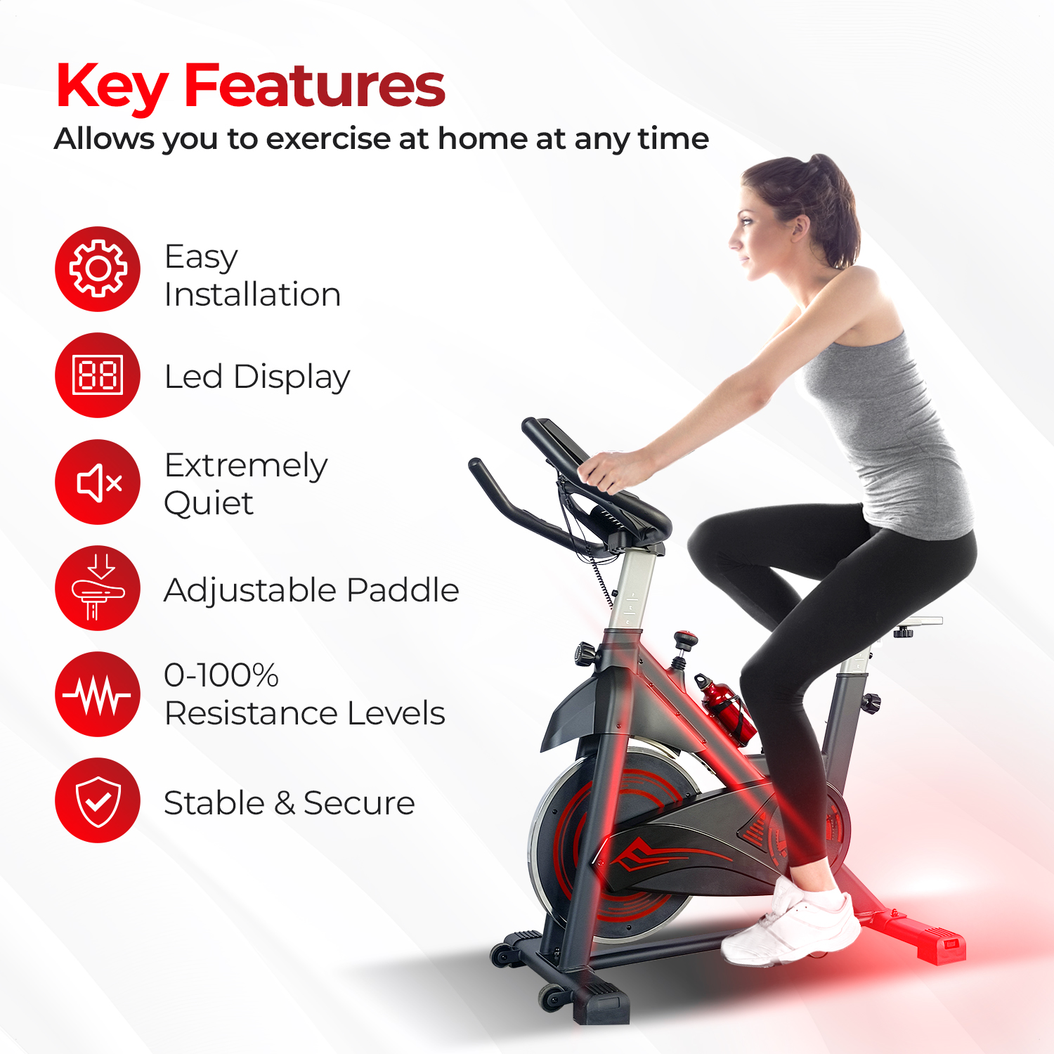 Eine Frau auf einem Heimtrainer mit einer Grafik der wichtigsten Merkmale, einschließlich Icons und Text.