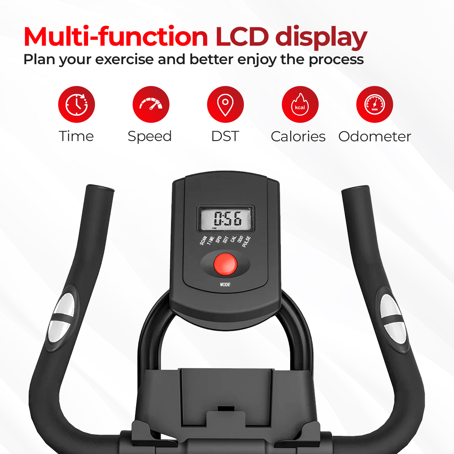 Nahaufnahme des LCD-Displays eines Heimtrainers, das Zeit, Geschwindigkeit, DST, Kalorien und Kilometerzähler anzeigt.