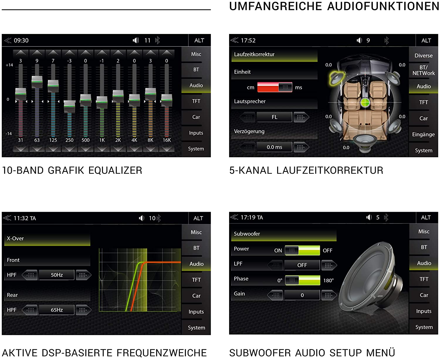 Auto-Audiosystem-Anzeige mit Equalizer und Audio-Einstellungsmenüs.
