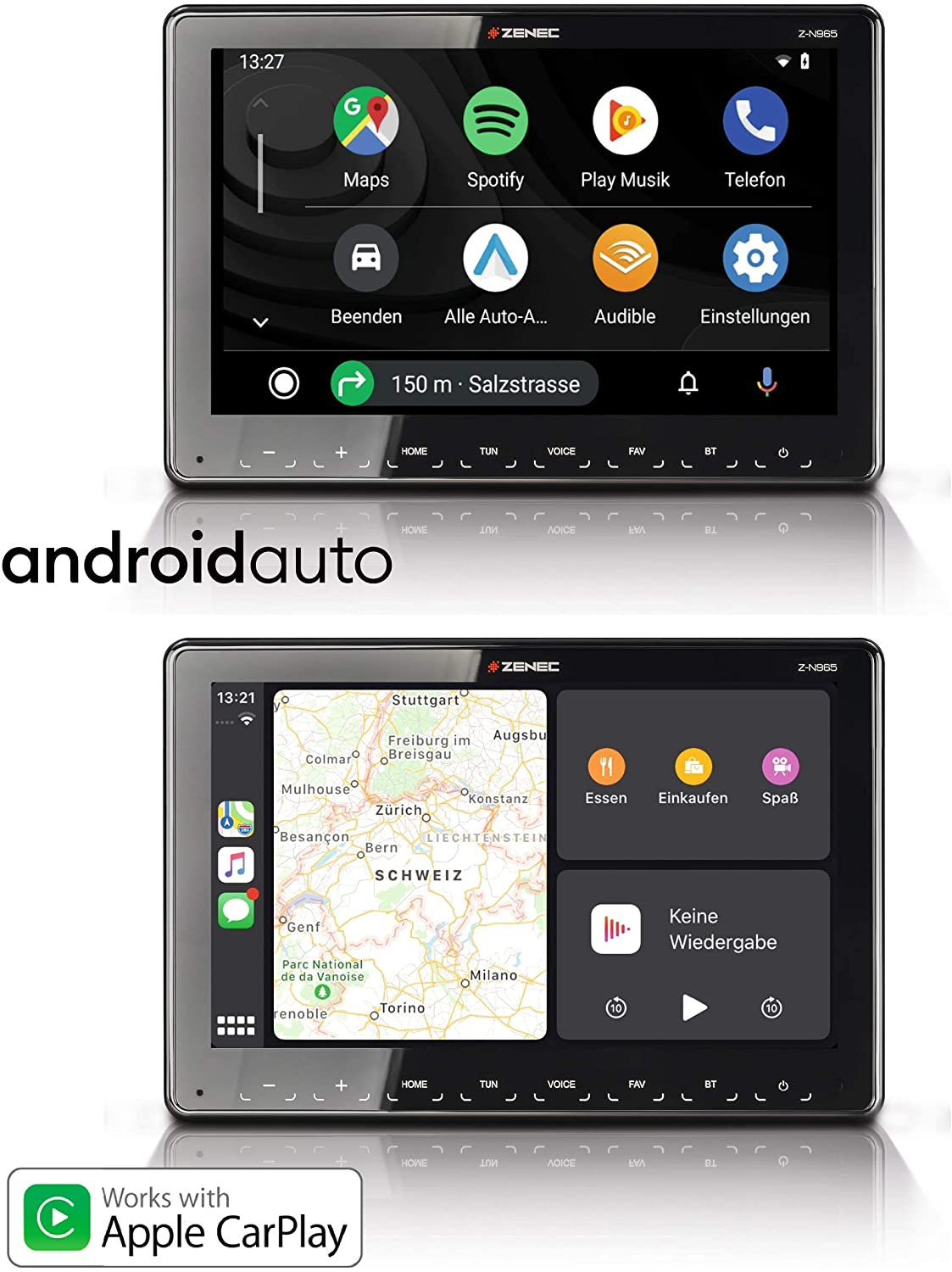 Autoradio-Bildschirm, der Android Auto- und Apple CarPlay-Oberflächen mit Navigation anzeigt.