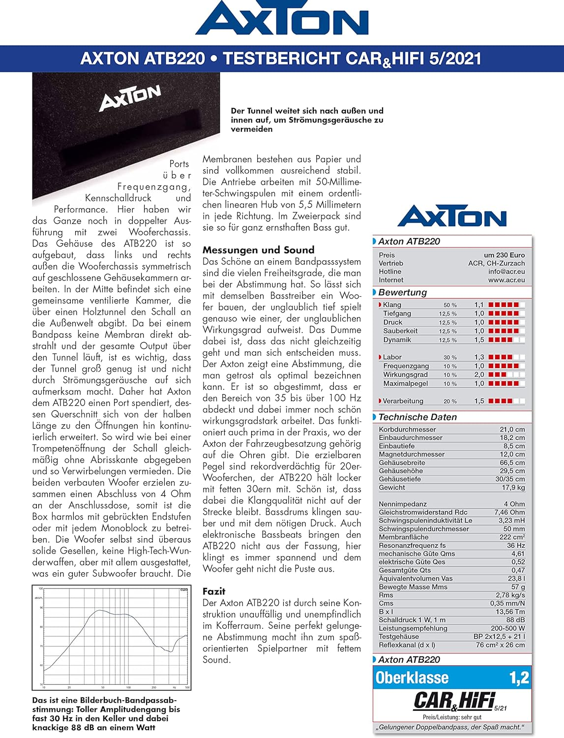Ein Produktblatt mit Text und Bildern eines Auto-Audiosystems.
