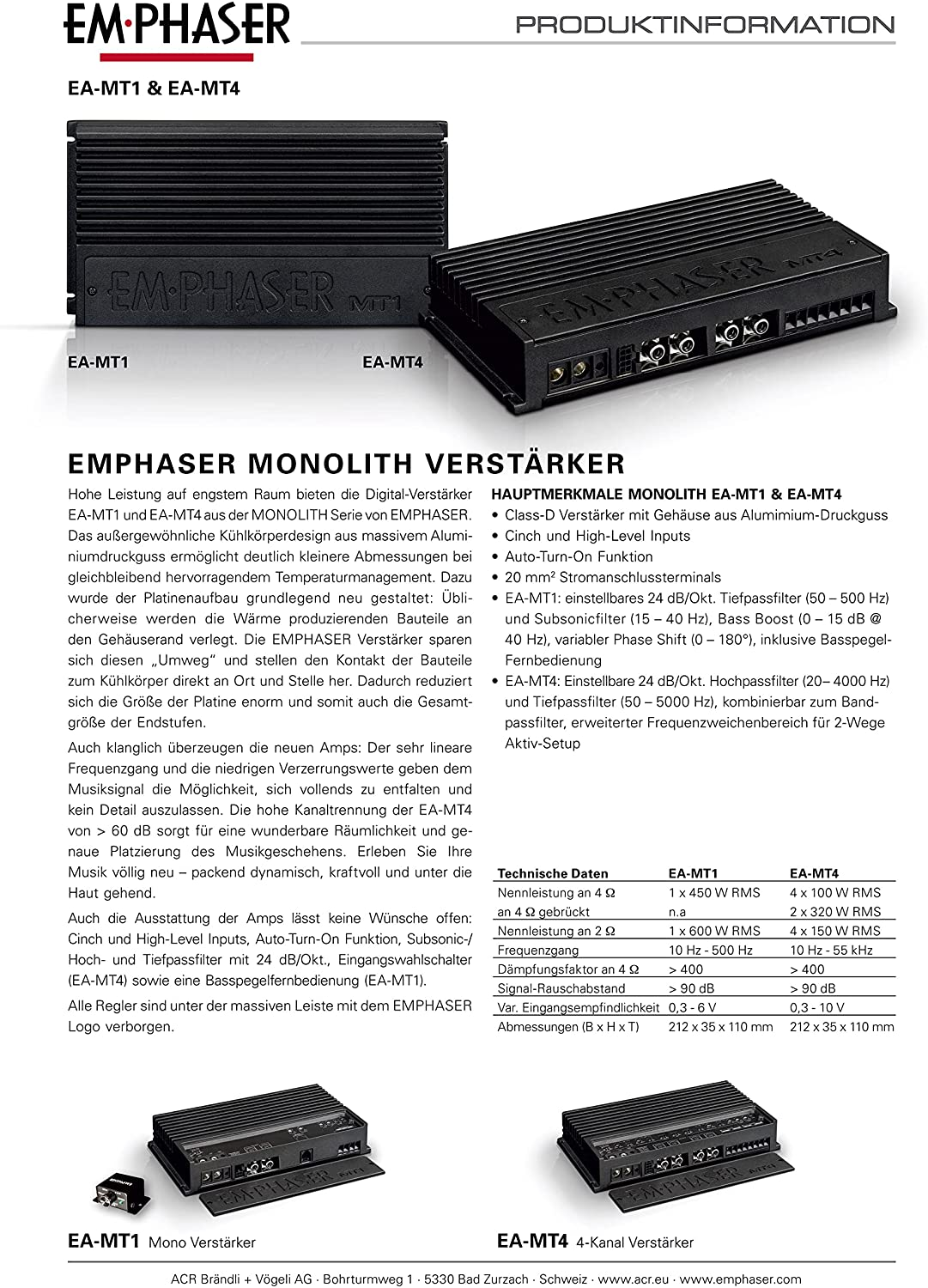 Car-Audio-Verstärker auf weißem Hintergrund. Schwarze Verstärker mit Etiketten und Anschlüssen oben und unten.