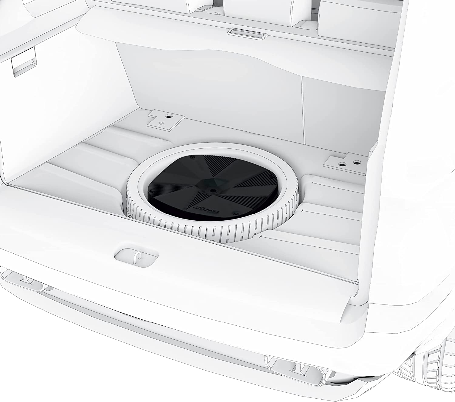 Ein Auto-Kofferraum-Innenraum mit einem schwarzen Subwoofer. Der Kofferraum ist weiß, der Subwoofer kreisförmig.