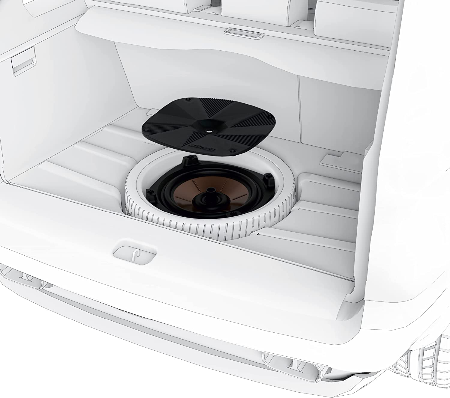 Ein Kofferraum mit Subwoofer und Abdeckung in der Reserveradmulde.