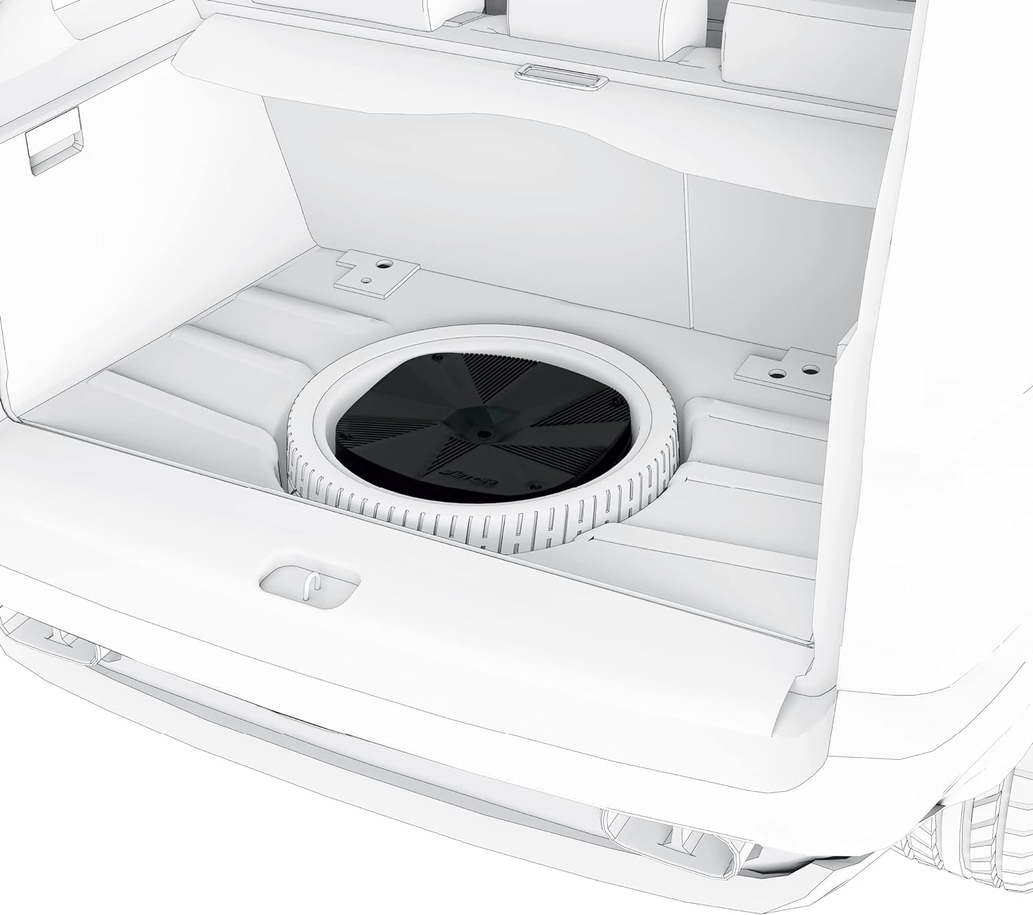 Ein Kofferraum mit einem runden Subwoofer, der in der Reserveradmulde installiert ist.