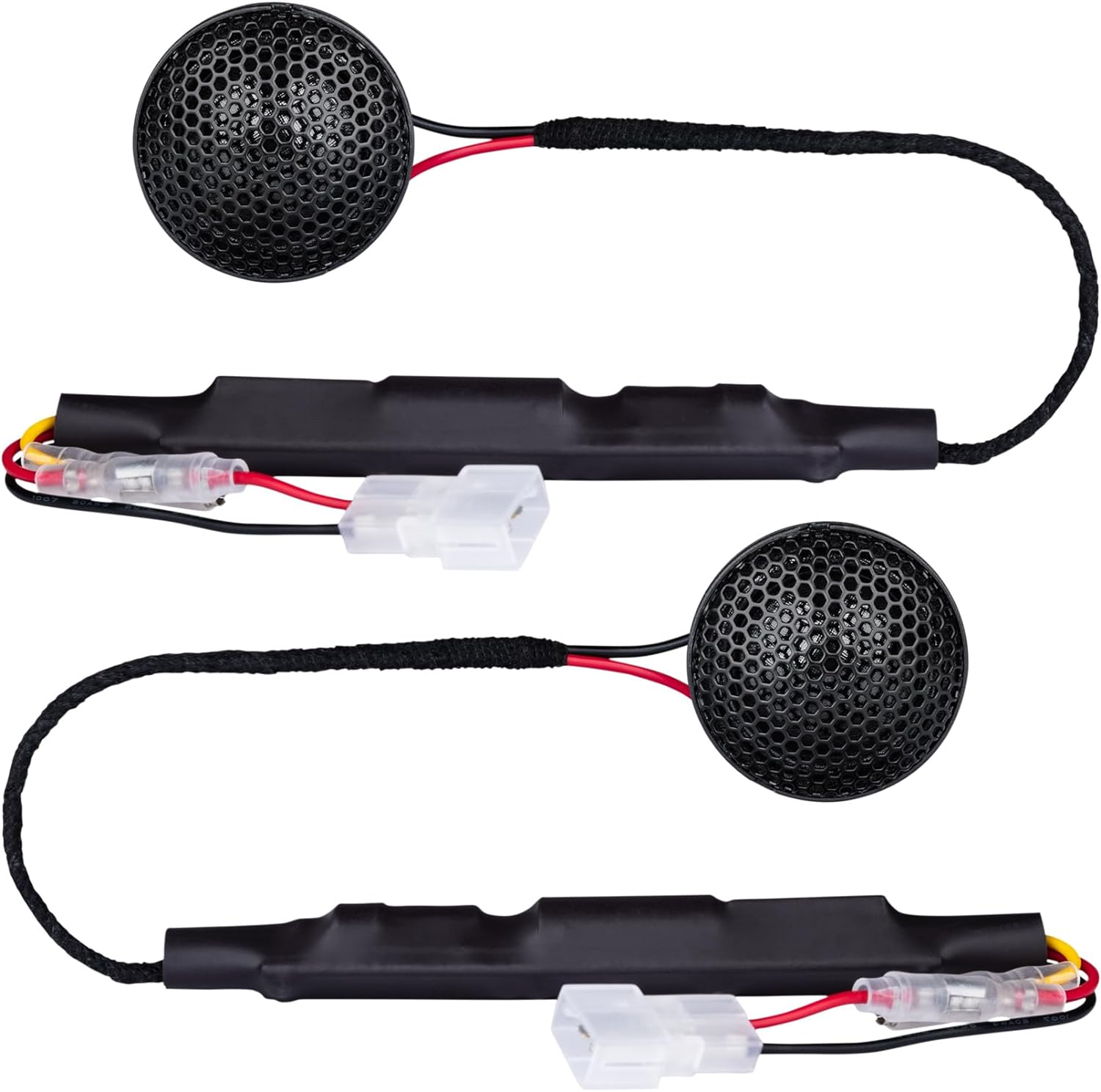 Zwei schwarze Auto-Audio-Hochtöner mit Kabelanschlüssen. Jeder hat eine Mesh-Kuppel und ein schwarzes Kabel.