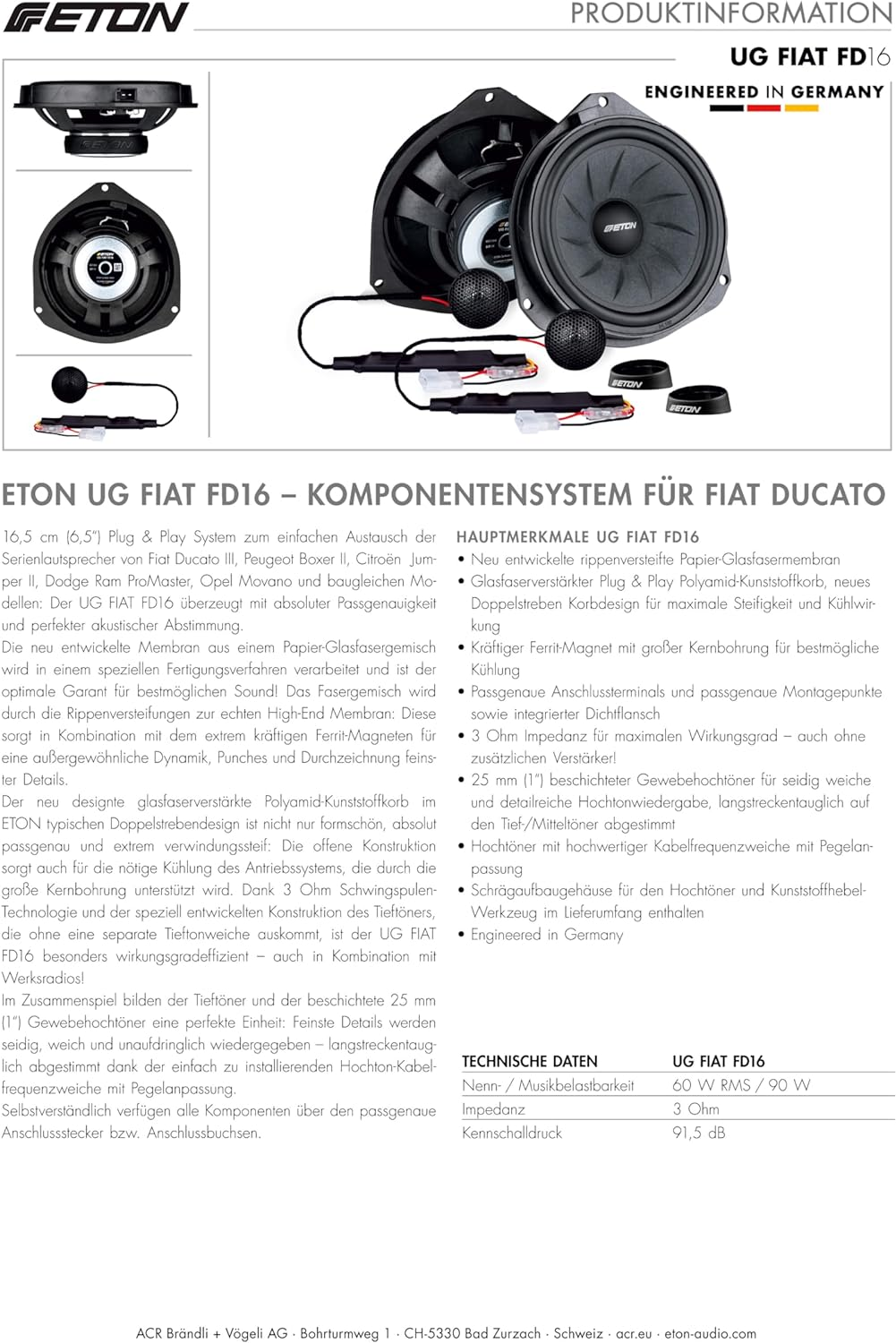 Produktinformationsblatt für Auto-Lautsprecher. Enthält Bilder, Spezifikationen und technische Daten.