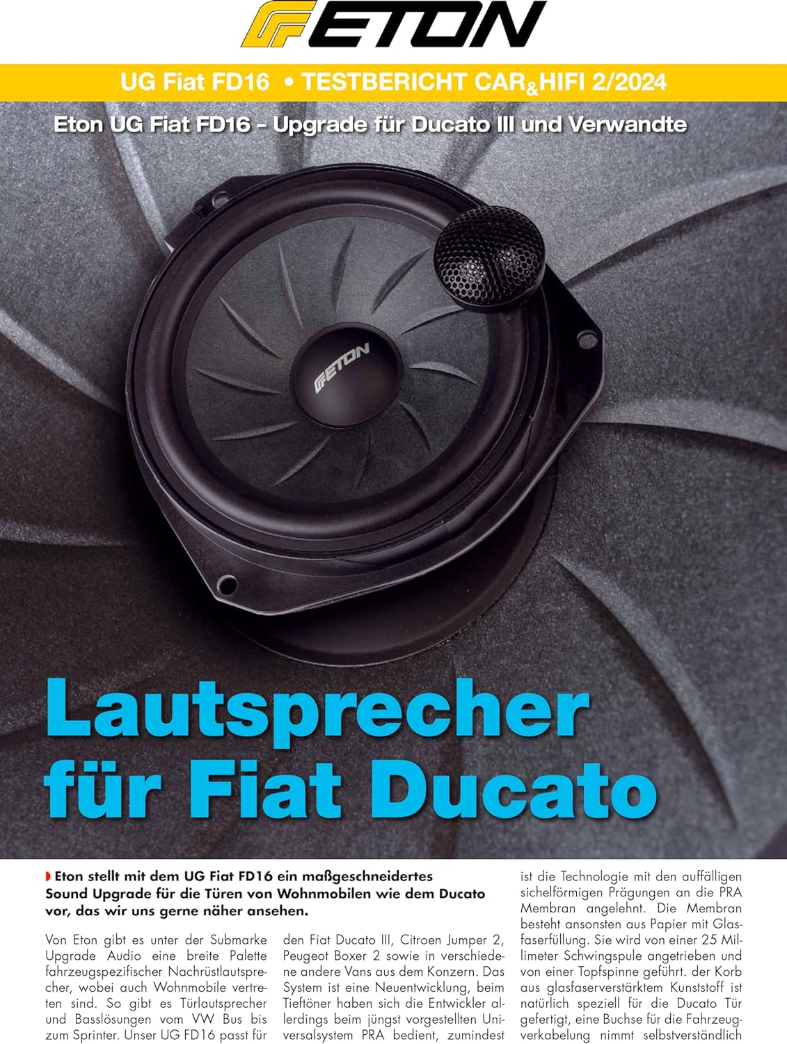 Ein Car-Audio-Magazin-Cover mit einem Lautsprecher und einem Hochtöner. Die Überschrift ist blau und gelb.