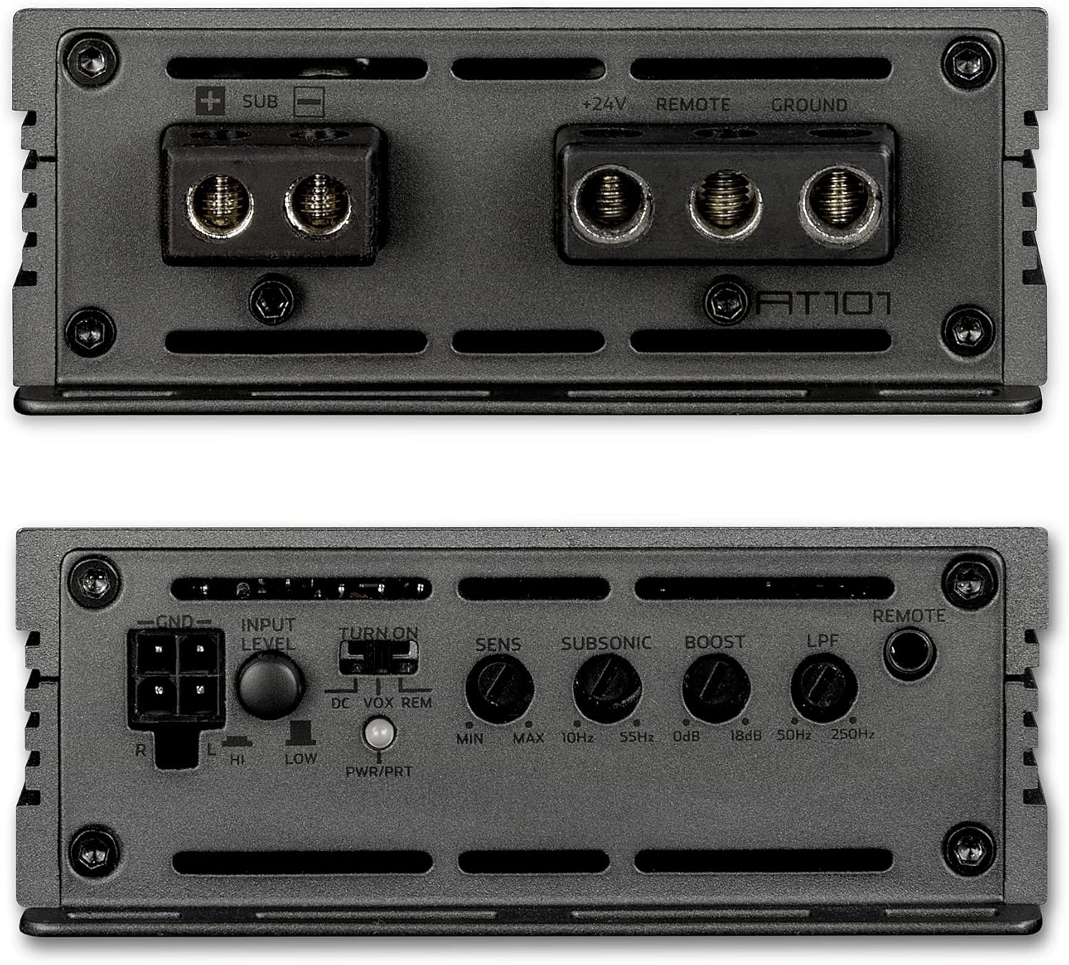 Auto-Audioverstärker, Ober- und Unteransicht. Zeigt Anschlussklemmen und Einstellelemente.