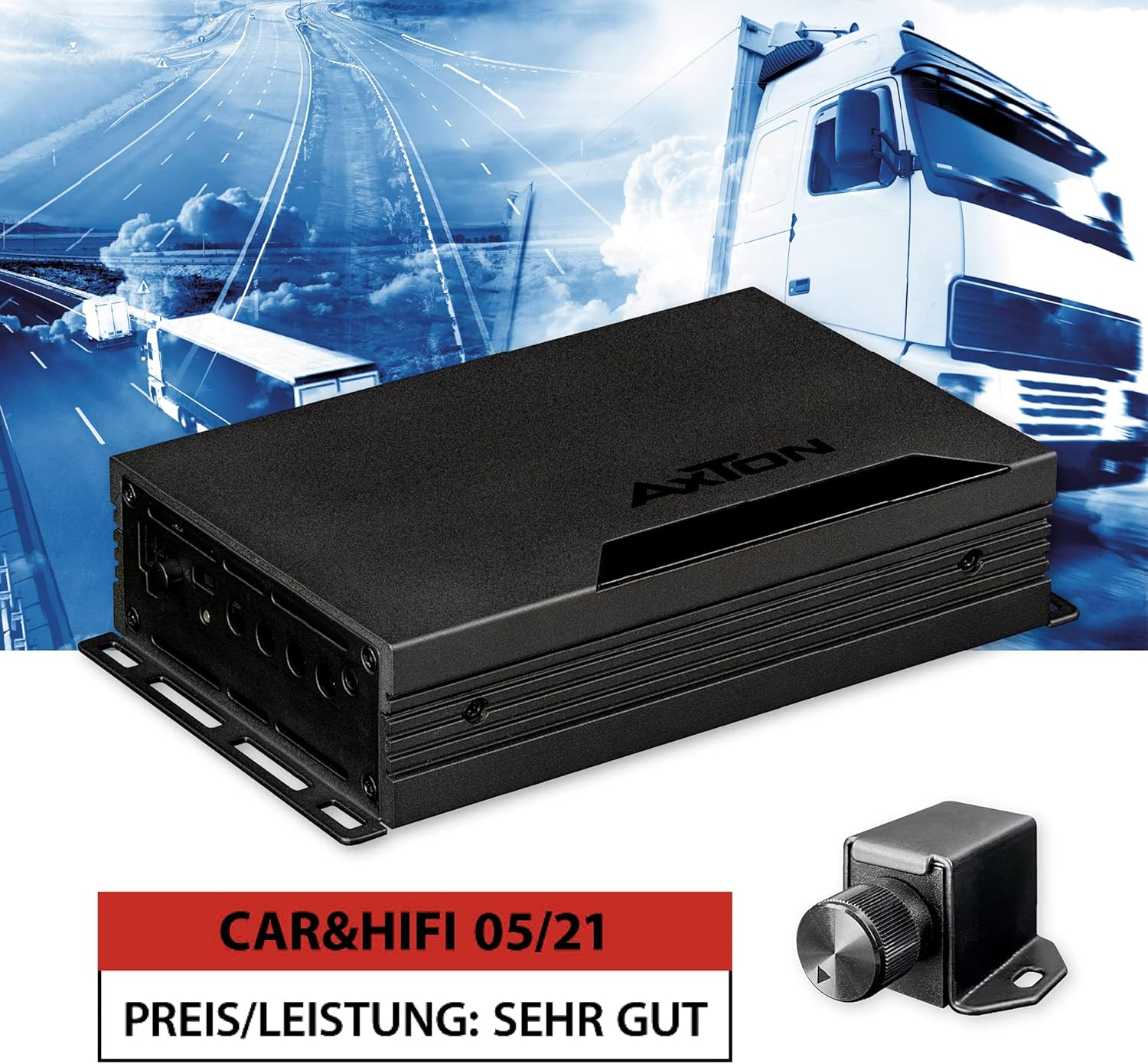 Ein Car-Audio-Verstärker mit schwarzem Finish. Der Hintergrund enthält einen Lastwagen und eine Himmelszene.
