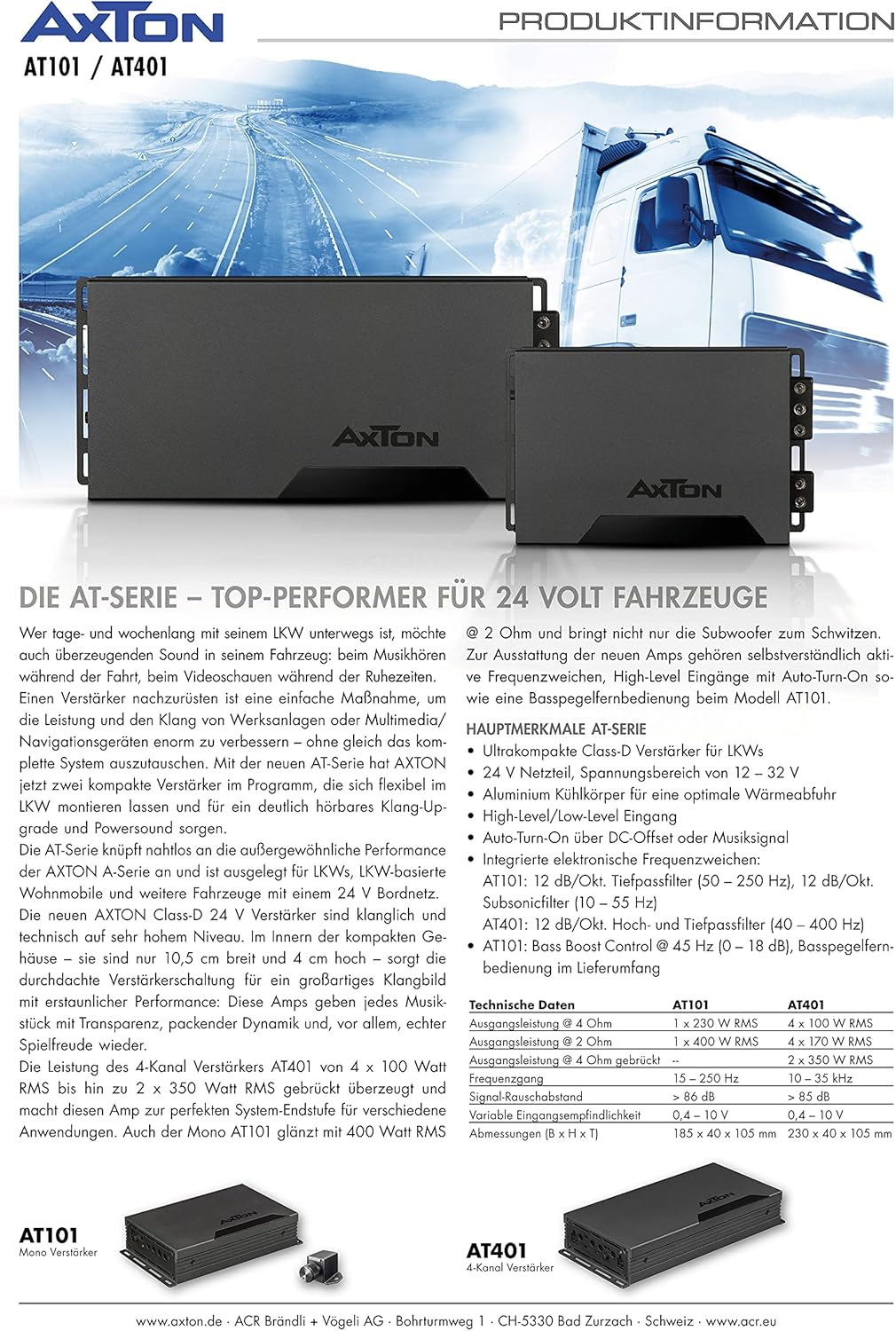 Produktinformationsblatt für Auto-Audioverstärker. Enthält Bilder, Spezifikationen und technische Daten.