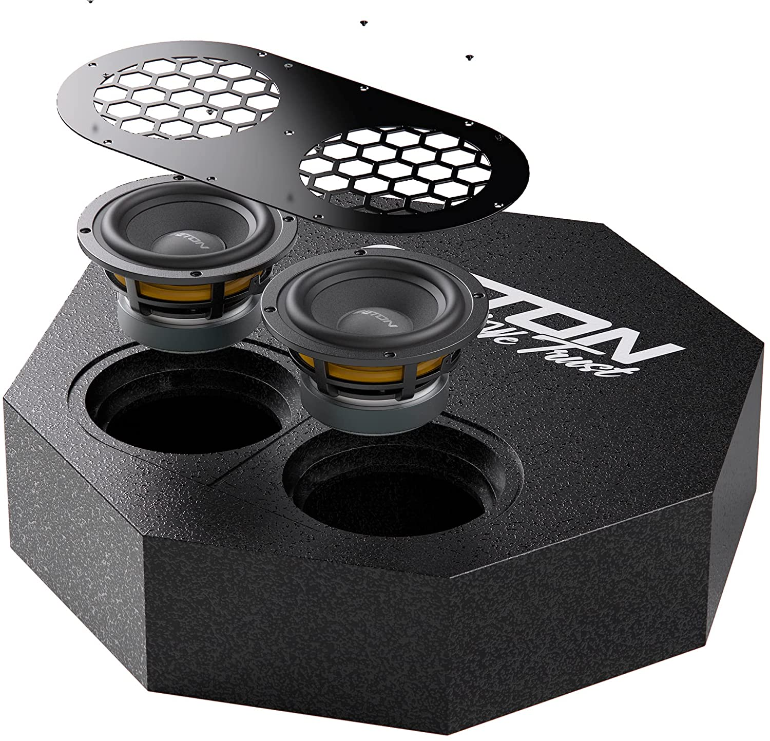 Explosionsansicht einer Auto-Subwoofer-Box mit zwei Lautsprechern und einem Grill.