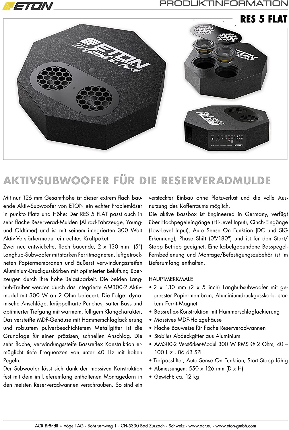 Produktinformationsblatt für einen Auto-Subwoofer. Enthält Bilder, Spezifikationen und technische Daten.