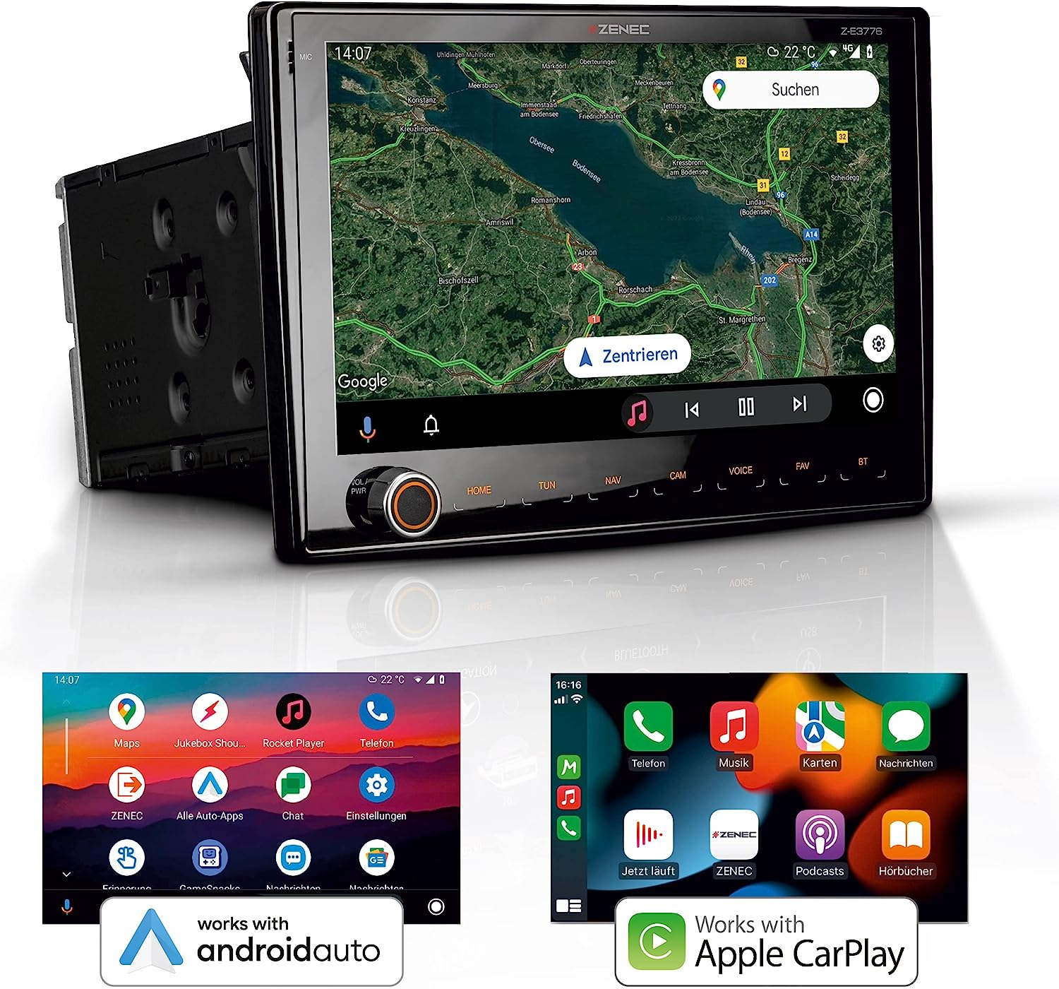 Bildschirm eines Car-Multimedia-Systems, der eine Karte mit Navigation anzeigt. Enthält mehrere App-Symbole.
