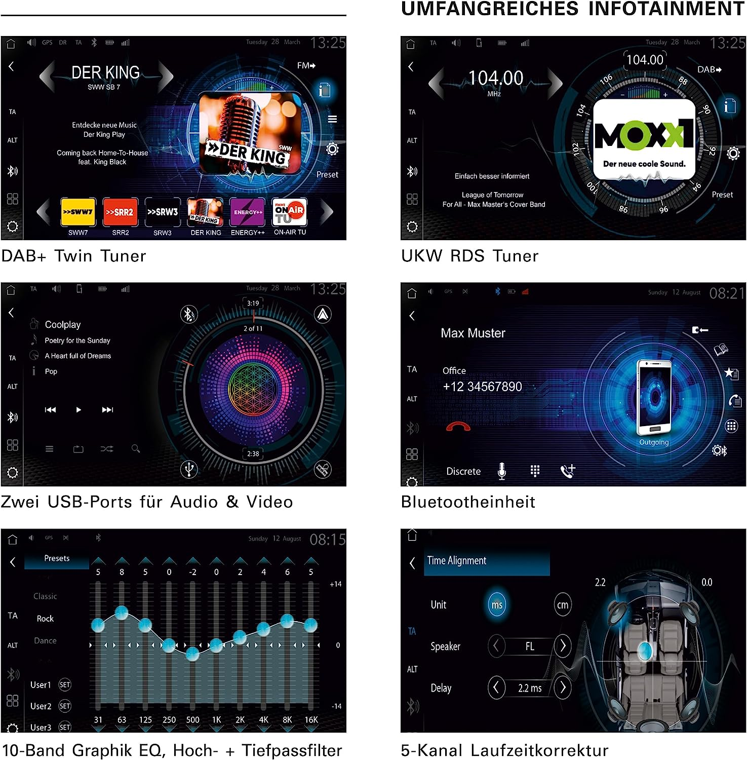 Mehrere Autoradio-Headunit-Bildschirme, die verschiedene Funktionen und Einstellungen anzeigen.