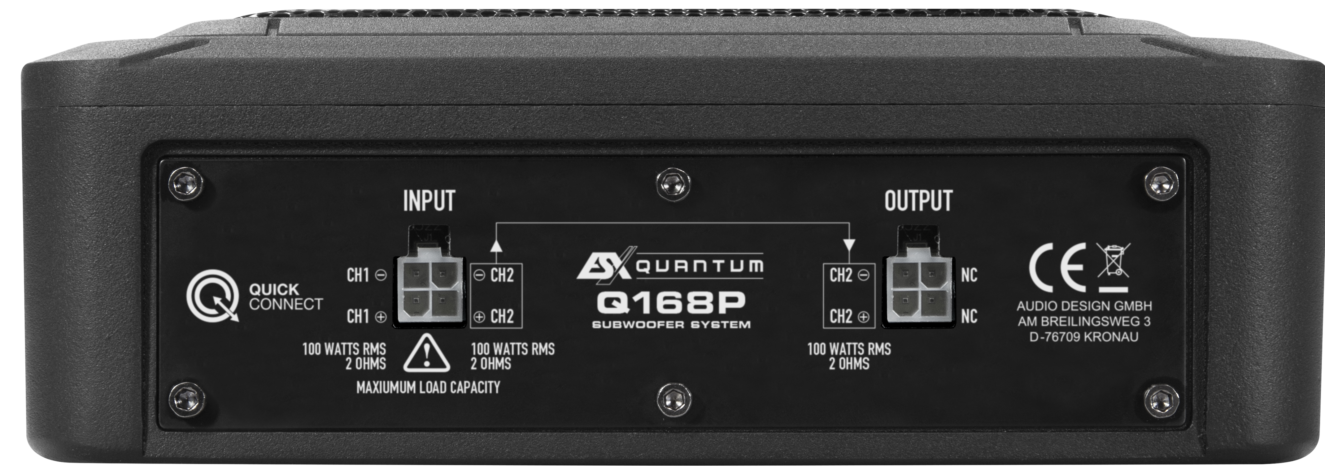 Schwarze Rückwand des Subwoofersystems mit Eingangs- und Ausgangsanschlüssen. Text: Q168P Subwoofer System.