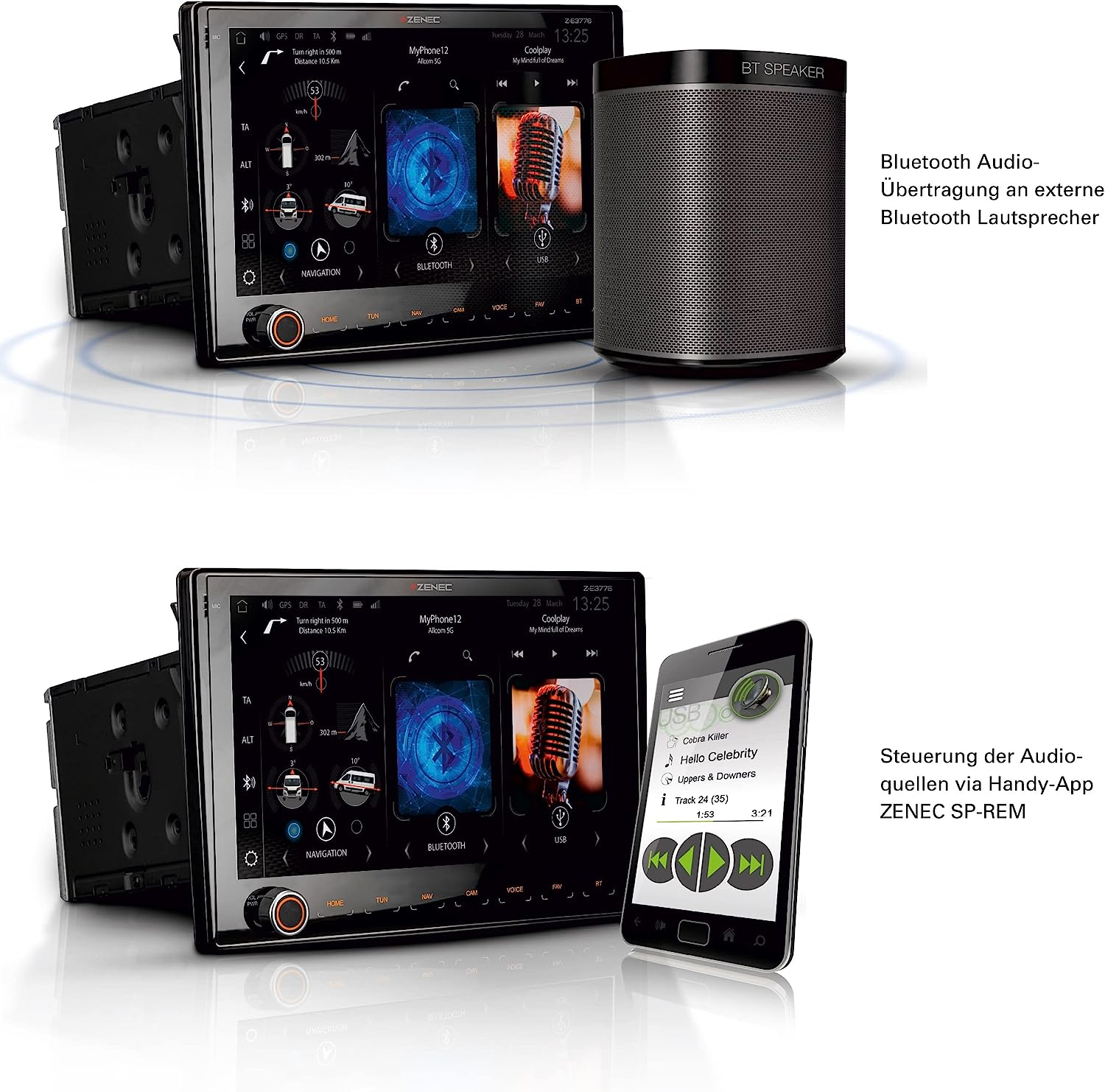 Zwei Autoradio-Headunits mit Displays, eine mit Lautsprecher. Auch ein Telefon wird gezeigt.