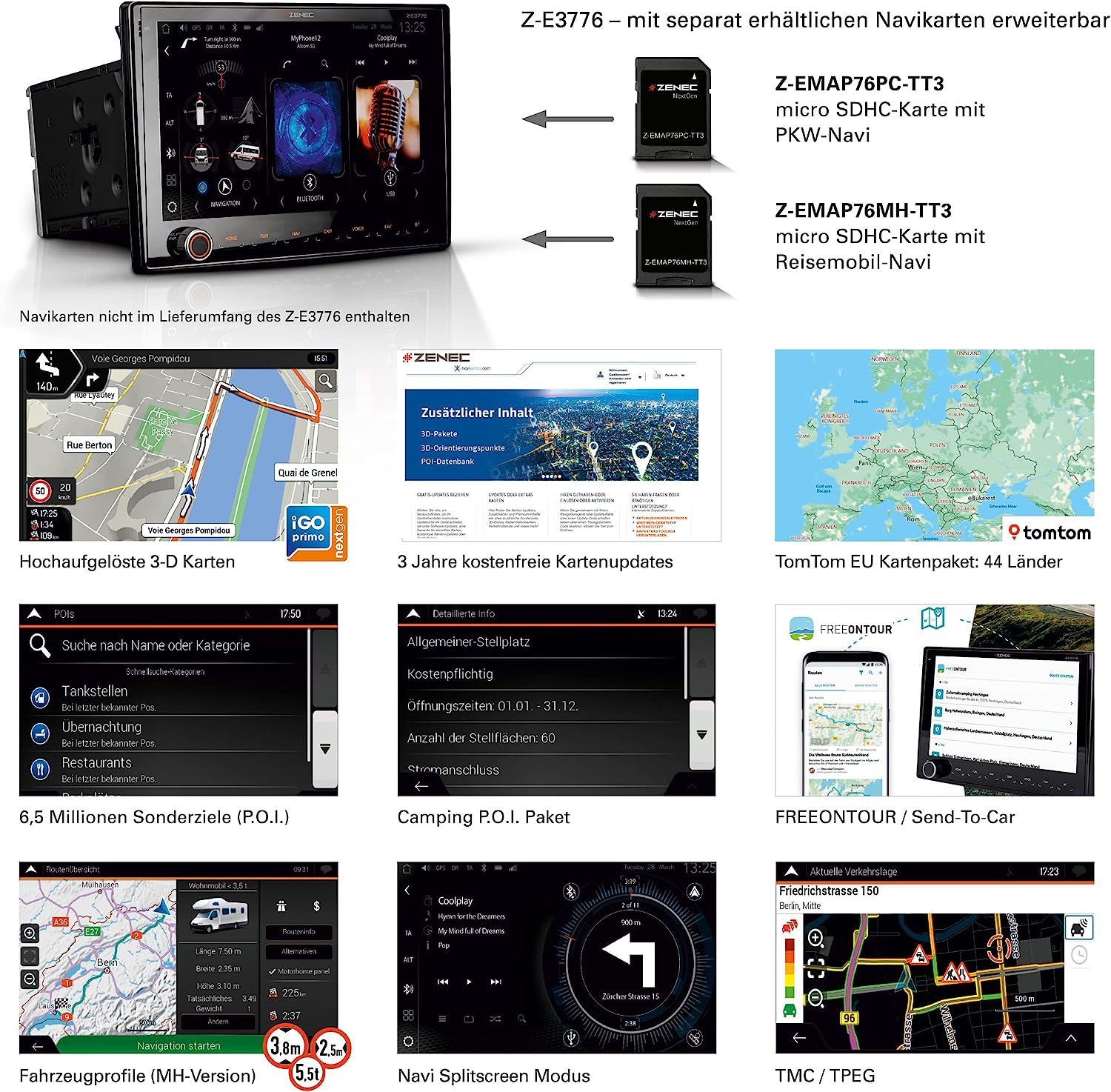 Verschiedene Autoradio-Headunits und zugehöriges Navigationszubehör werden angezeigt.