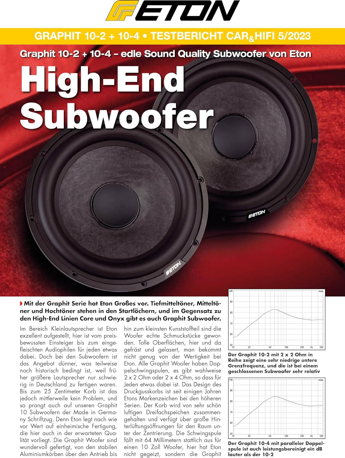 Zeitschriftenseite mit zwei schwarzen Subwoofern, Text und Diagrammen.