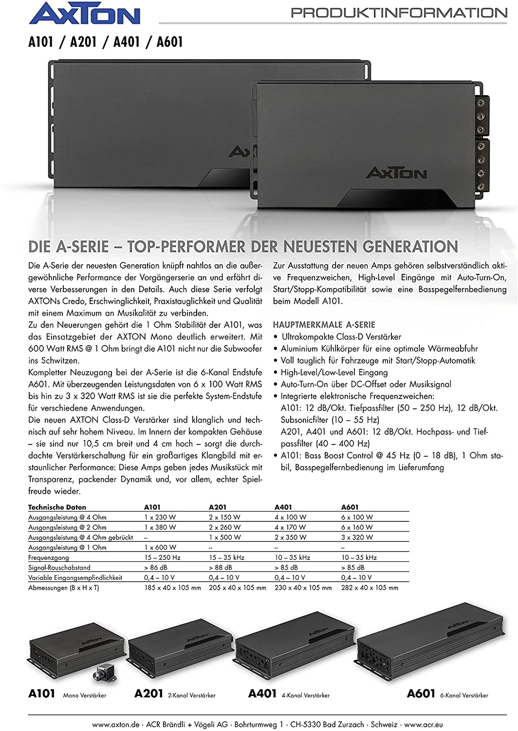 Produktinformationsseite mit schwarzen Verstärkern, Diagrammen und Spezifikationen.