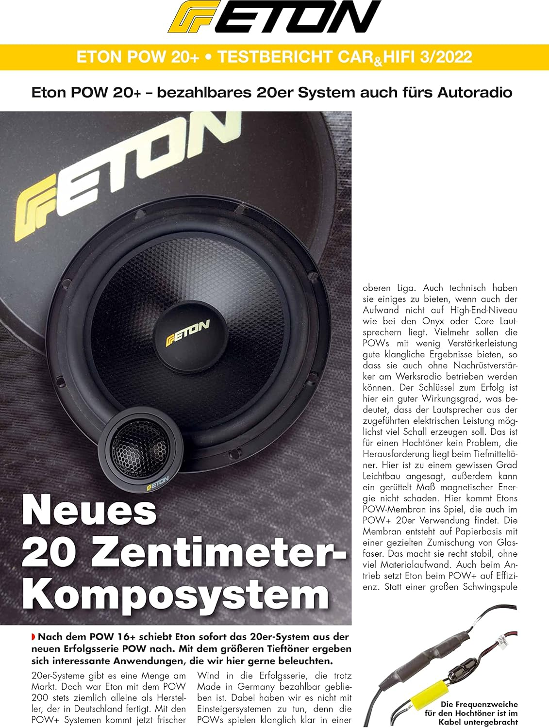 Zeitschriftenseite mit einem schwarzen Subwoofer und zusätzlichen Car-Audio-Komponenten.