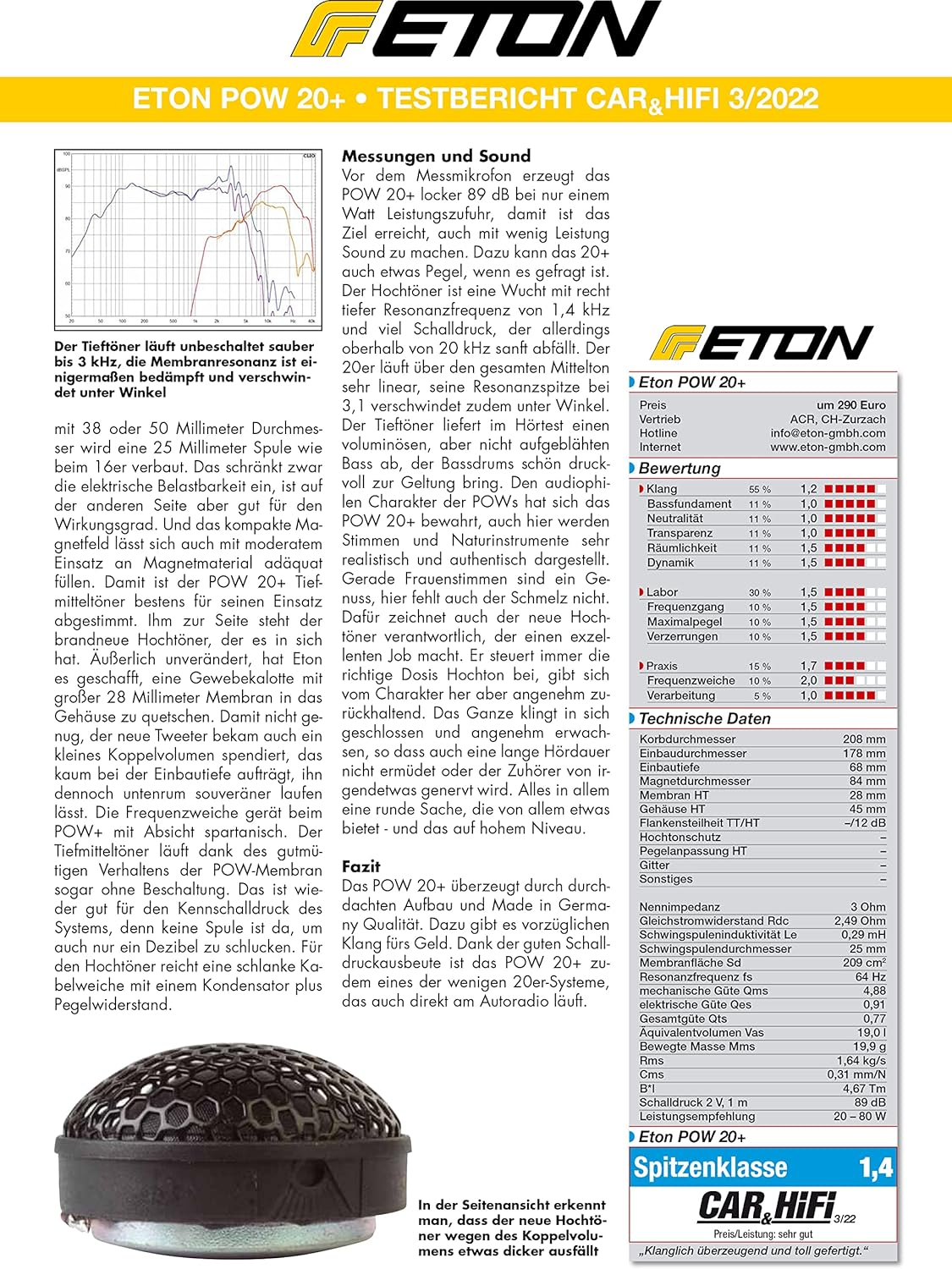 Magazinseite mit technischen Spezifikationen und einer Grafik über Auto-Lautsprecher.