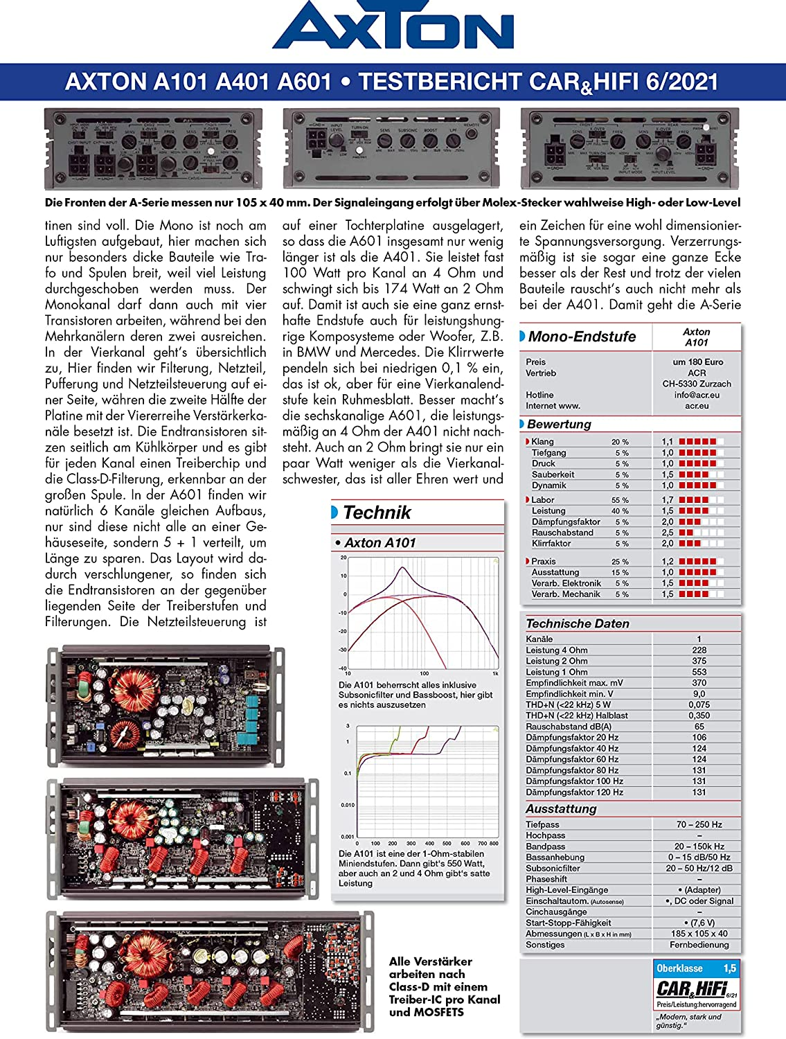 Magazinseite mit Text und Diagrammen über Auto-Verstärker.