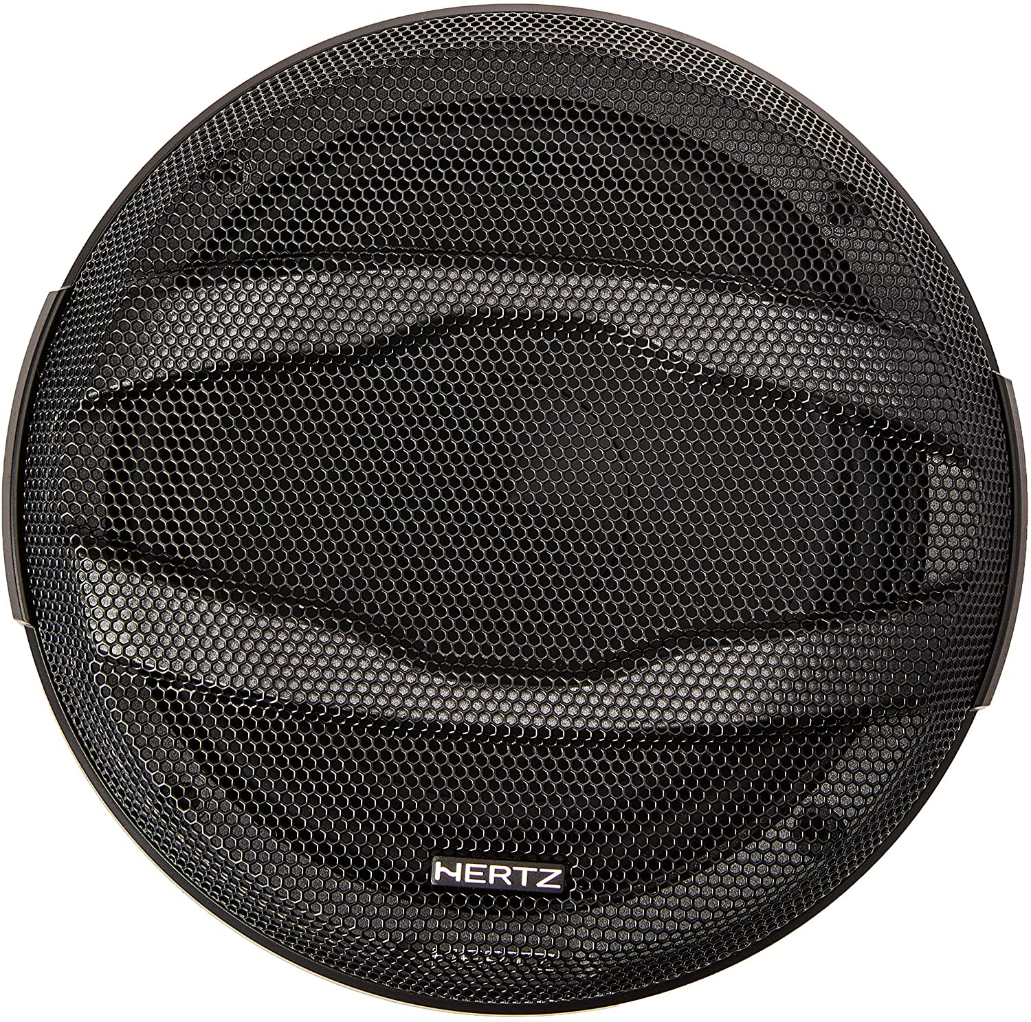 Autolautsprecher. Schwarz mit einem Mesh-Gitter. Hertz-Logo unten.