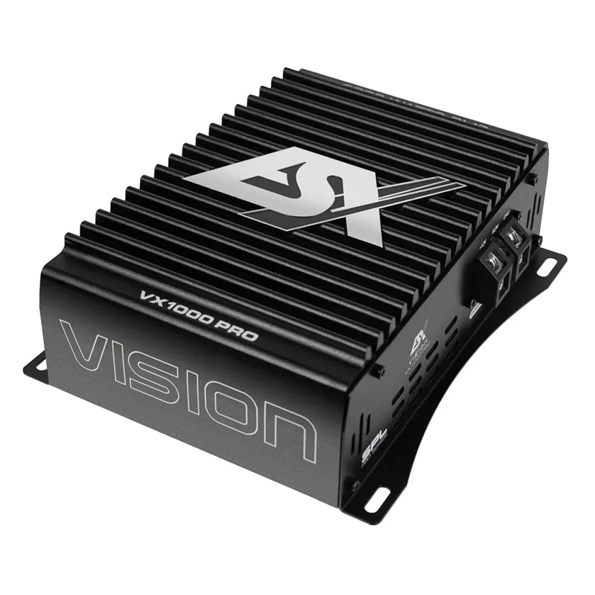 Schwarzer Auto-Audioverstärker mit dem Markennamen VISION und VX1000 PRO.