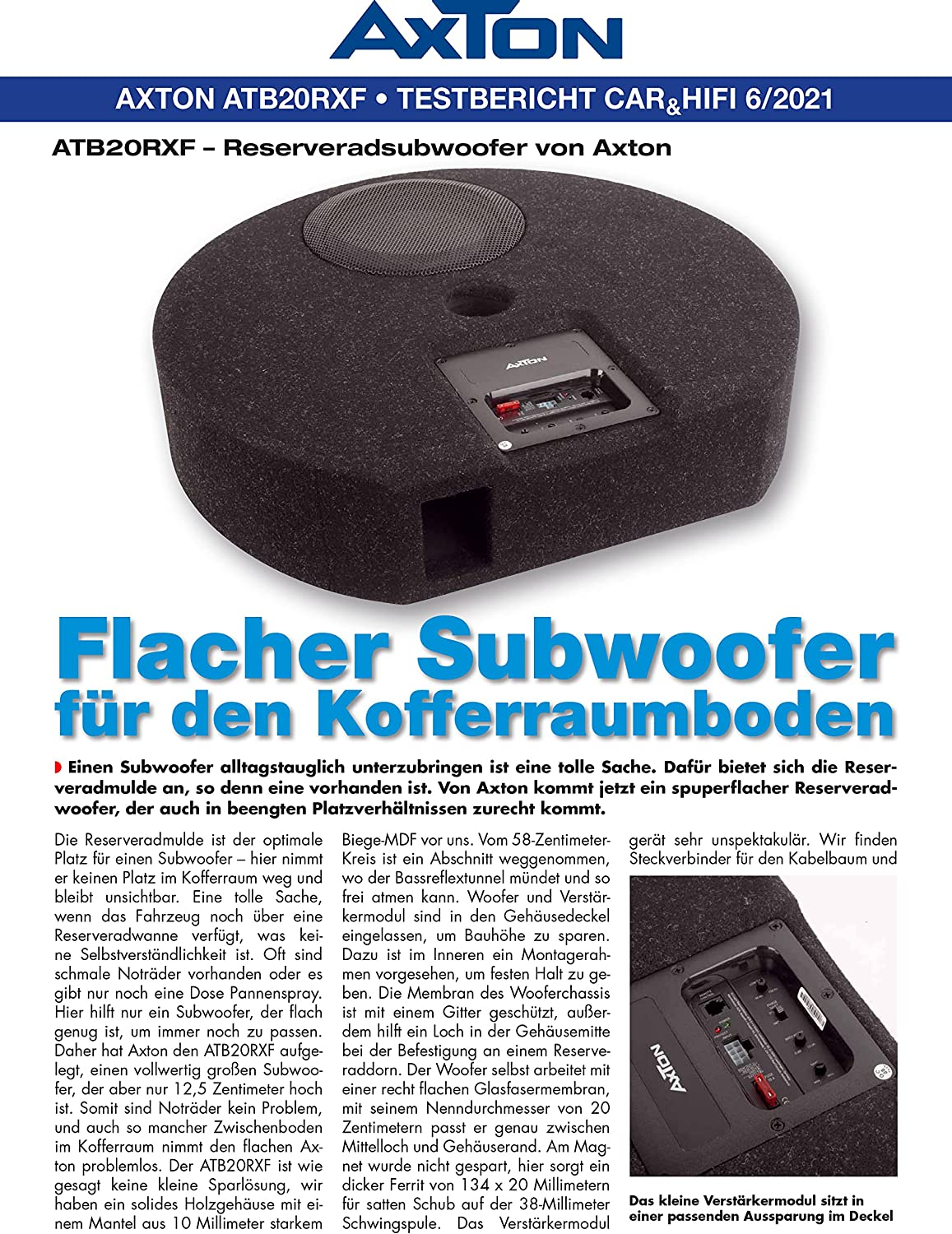 Eine gedruckte Seite mit Text und Bildern. Der Titel lautet Axton ATB20RXF - Testbericht CAR & HiFi 6/2021.