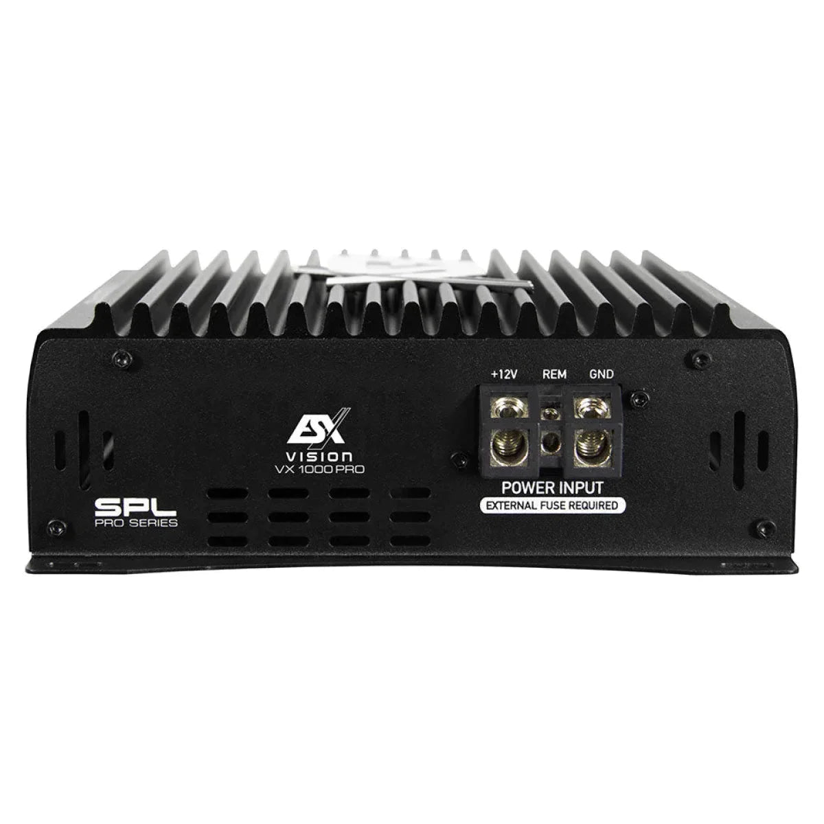 Schwarzer Auto-Audioverstärker, Markenname ESX VISION VX1000 PRO. Stromeingang und andere Anschlüsse sind sichtbar.