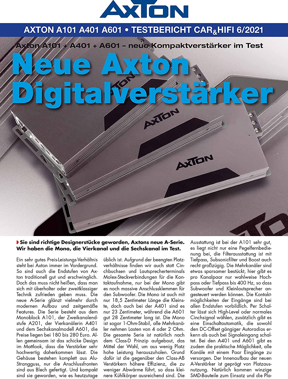 Magazinseite mit Text und Bildern über Auto-Verstärker.