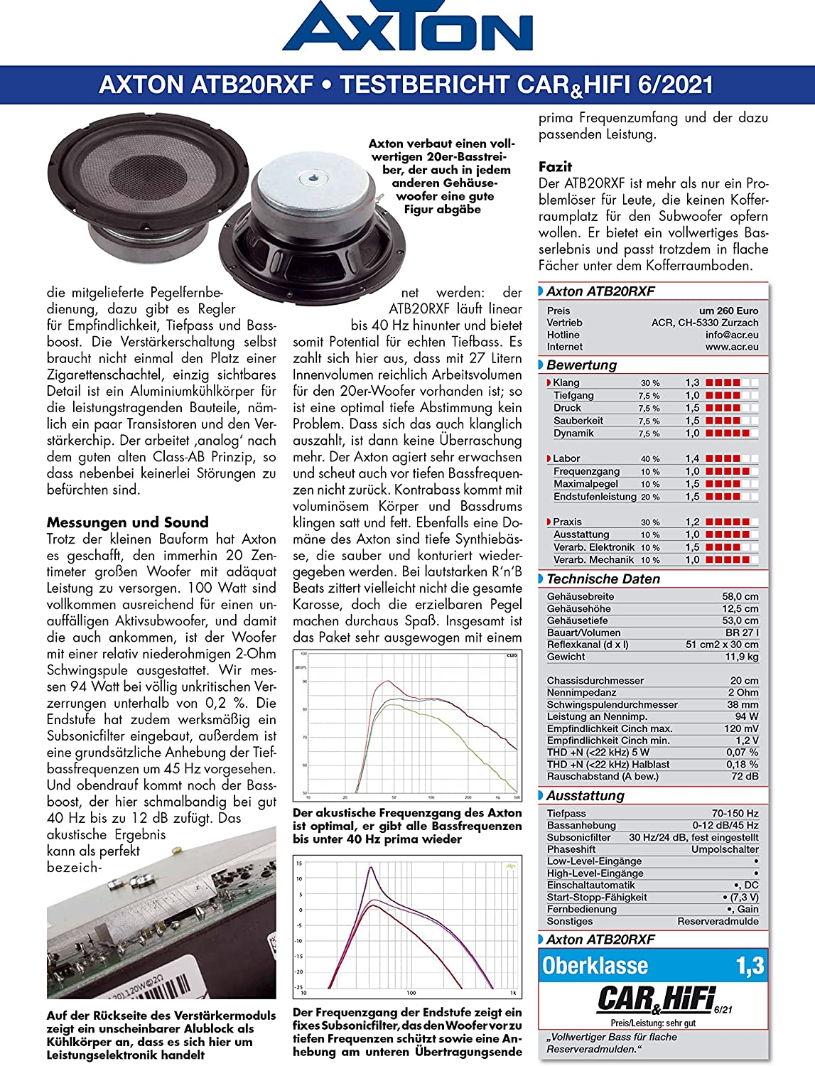 Eine gedruckte Seite mit Text und Bildern. Der Titel lautet Axton ATB20RXF - Testbericht CAR&HiFi 6/2021.
