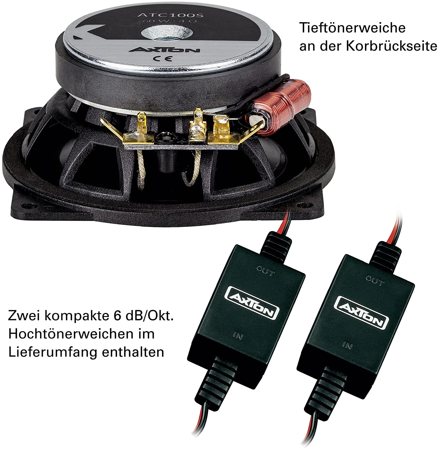 Ein Autolautsprecher mit schwarzem Rahmen, silbernem Konus und Verkabelung. Zwei schwarze 'AXION'-Boxen mit Kabeln unten.