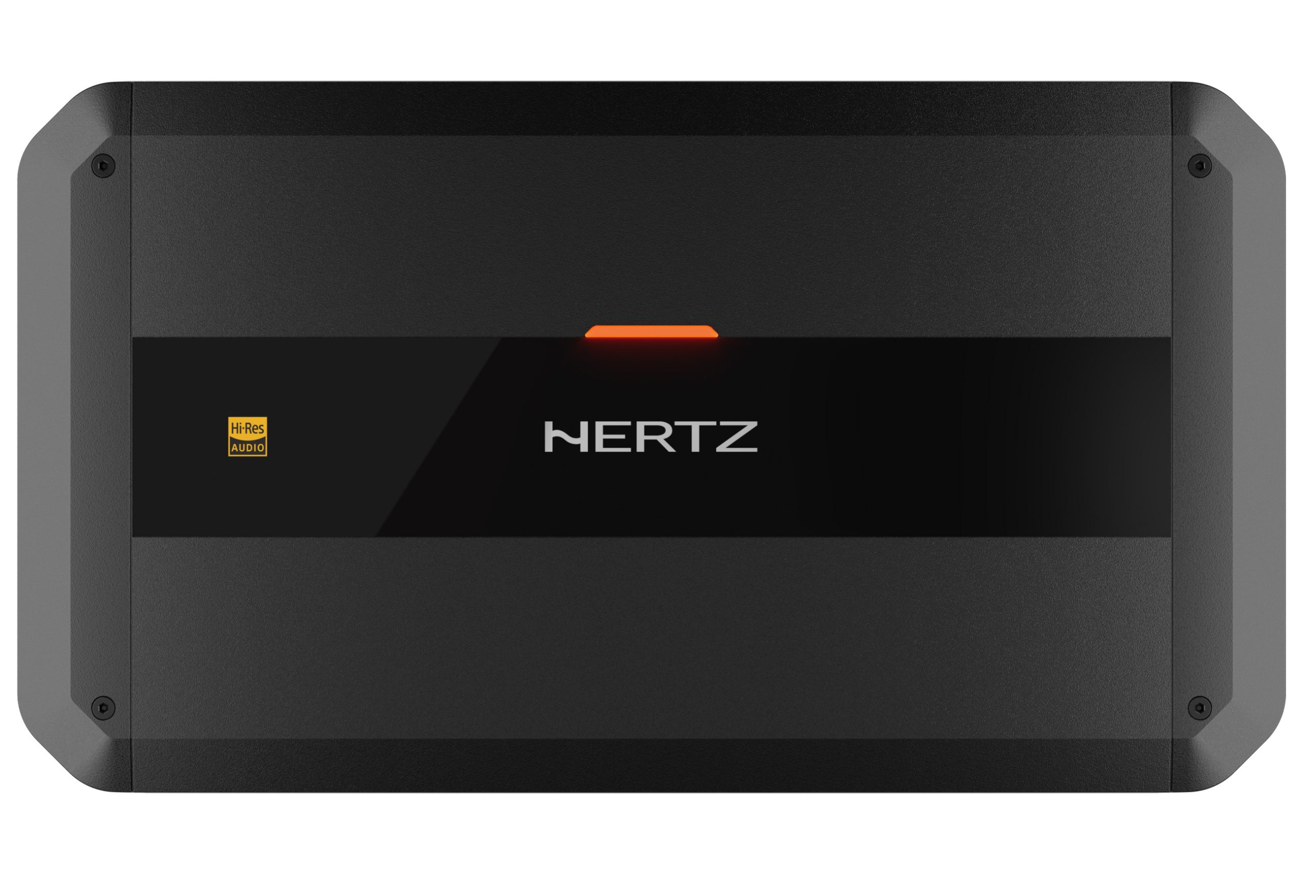 Ein schwarzer 'HERTZ' Auto-Audioverstärker. Er hat einen silbernen Streifen und eine kleine orangefarbene Kontrollleuchte.
