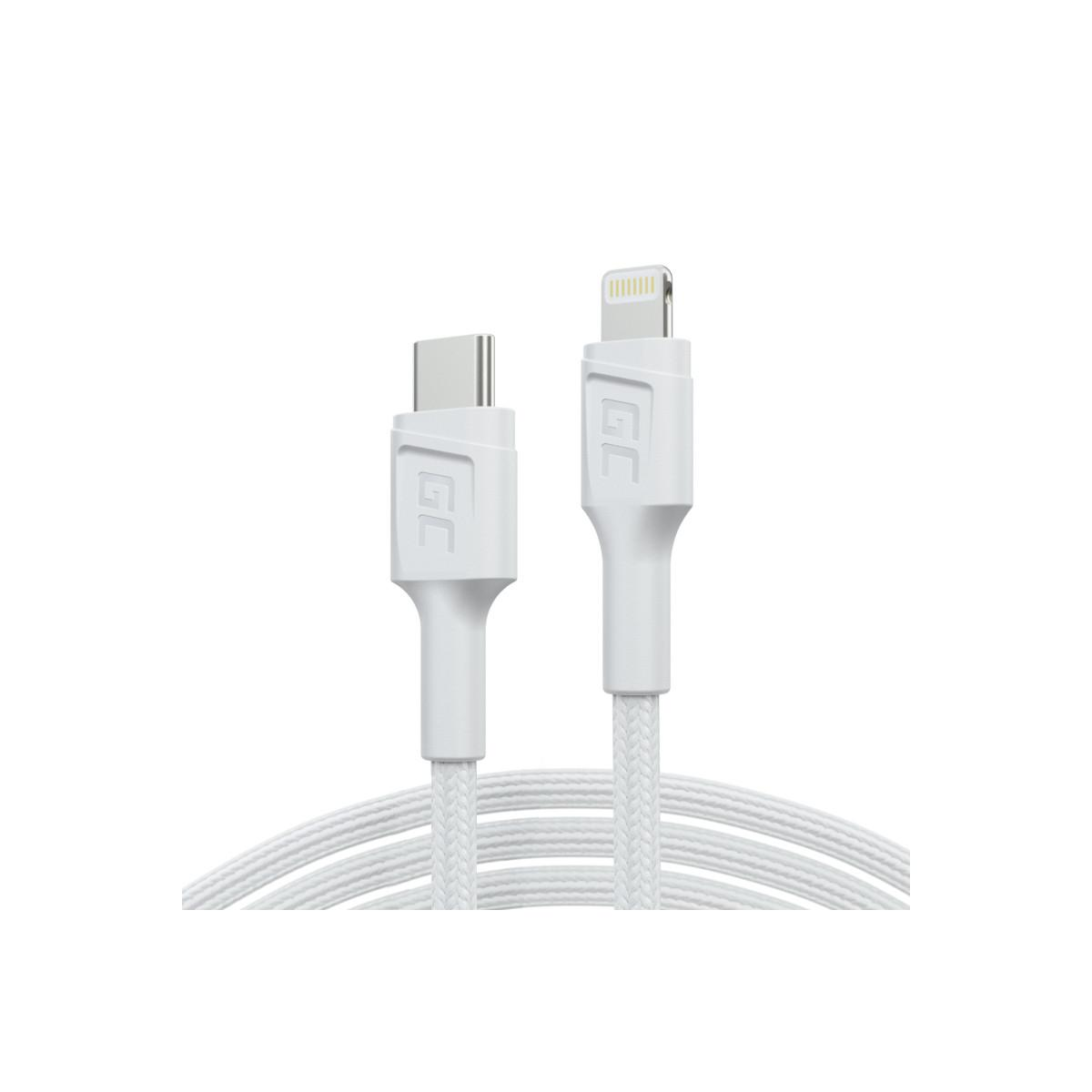 Cavi da USB-C a Lightning bianchi con marchio GC su sfondo bianco.
