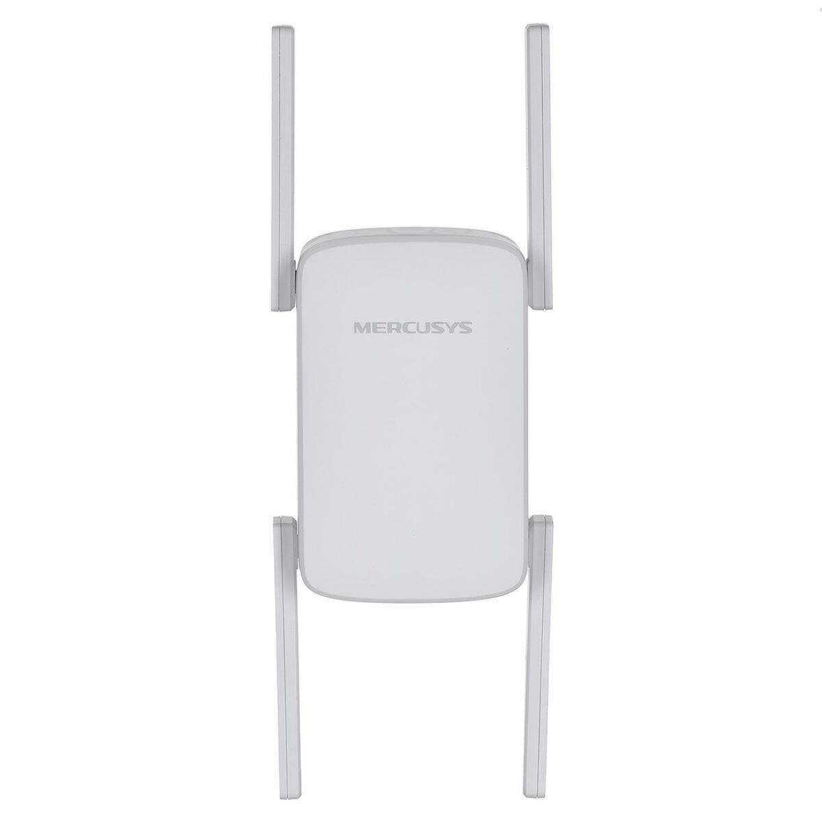 Biały wzmacniacz sygnału Wi-Fi Mercusys z antenami na białym tle.
