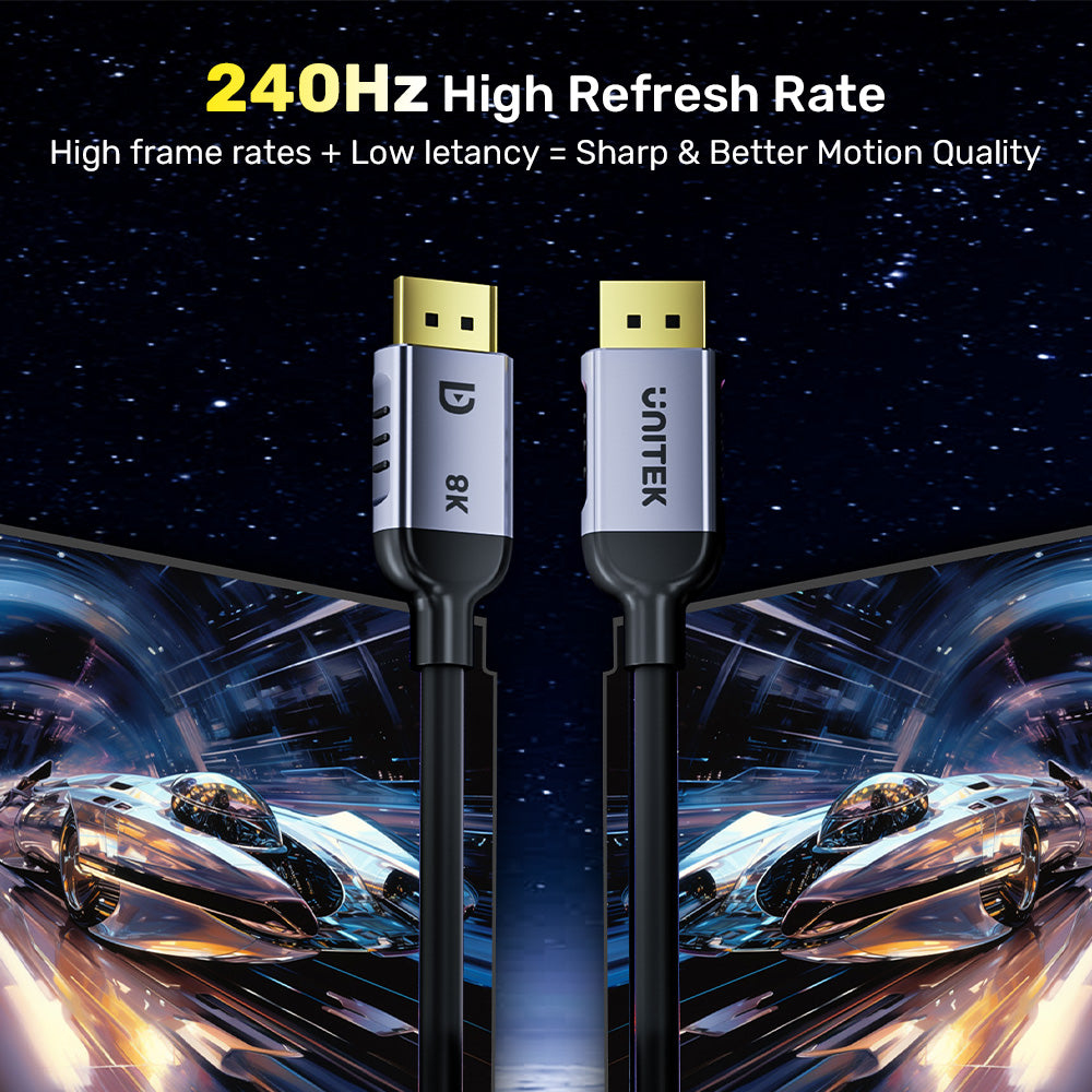 Dwa kable HDMI, srebrny i czarny, z tekstem '8K' i 'UNITEK'. Tło to kosmos.