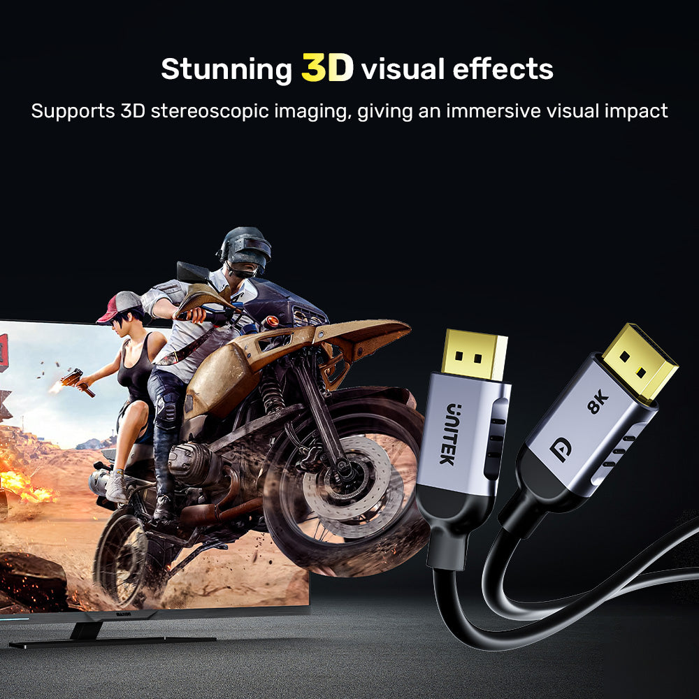 Monitor wyświetla scenę z gry, z dwoma kablami HDMI. Tekst 'Stunning 3D visual effects'.