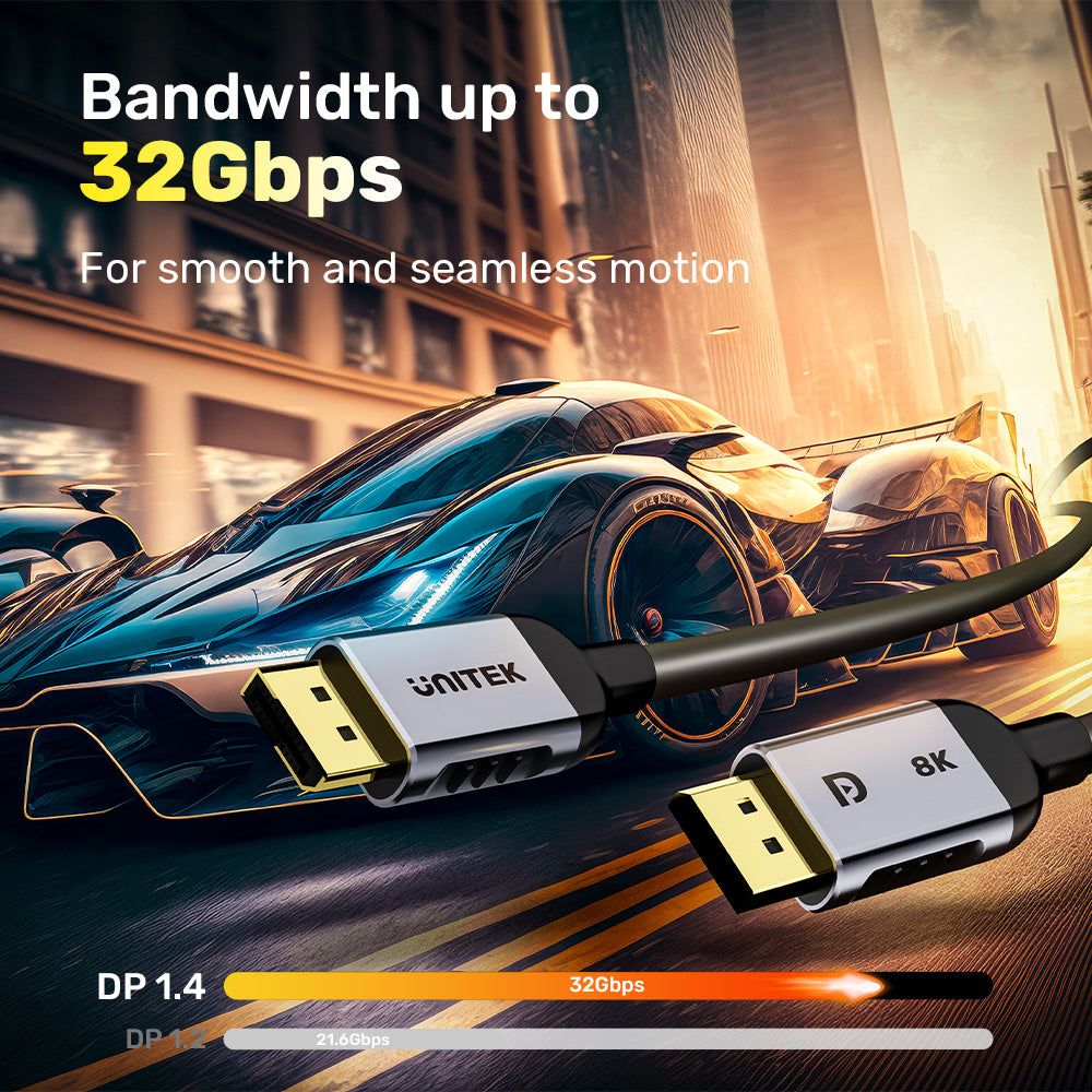 Obraz promocyjny kabla Unitek DP 1.4, przedstawiający samochód na drodze i wykres transferu danych.