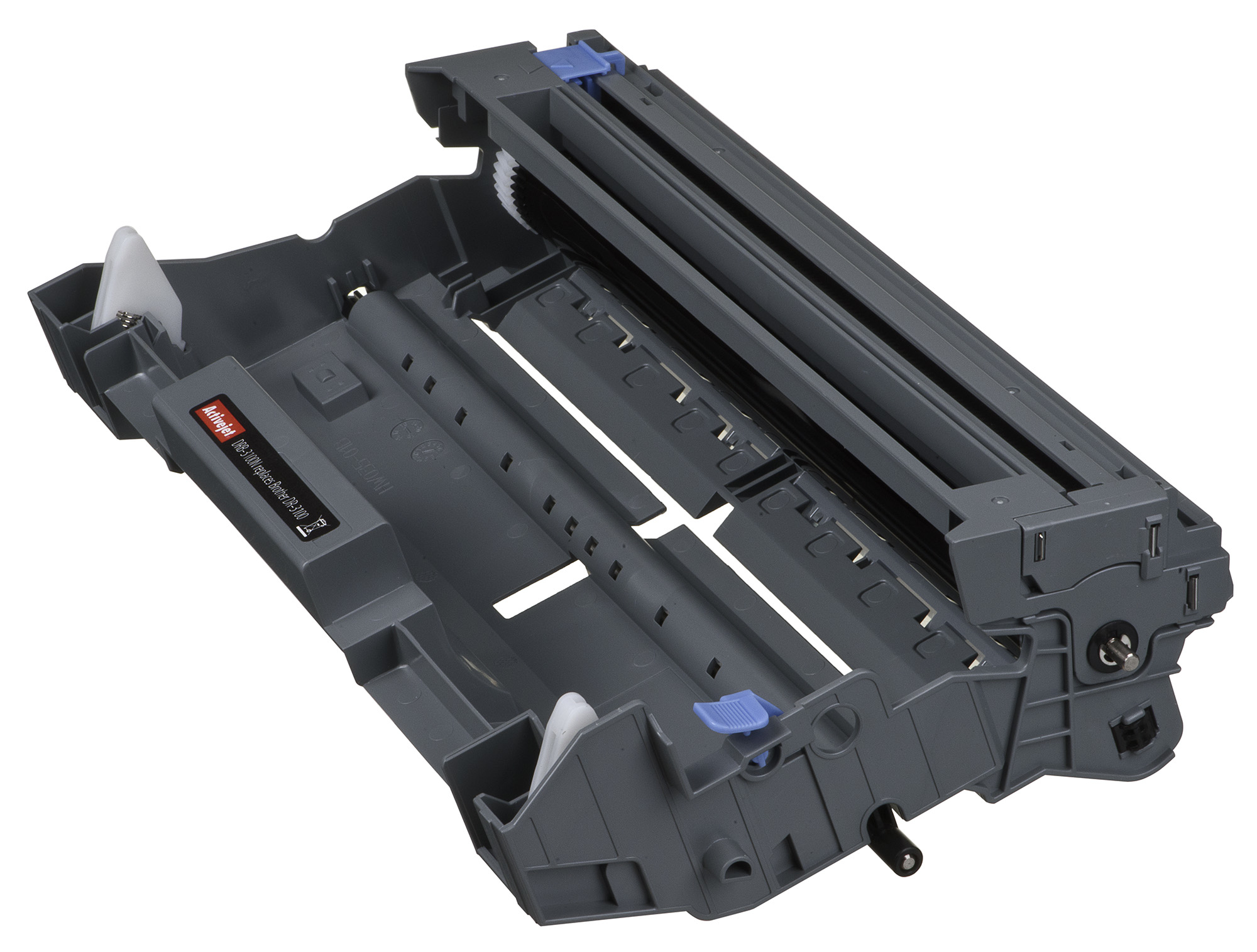 Otwarty szary bęben drukarki, z białymi i niebieskimi elementami. Logo marki znajduje się z boku.