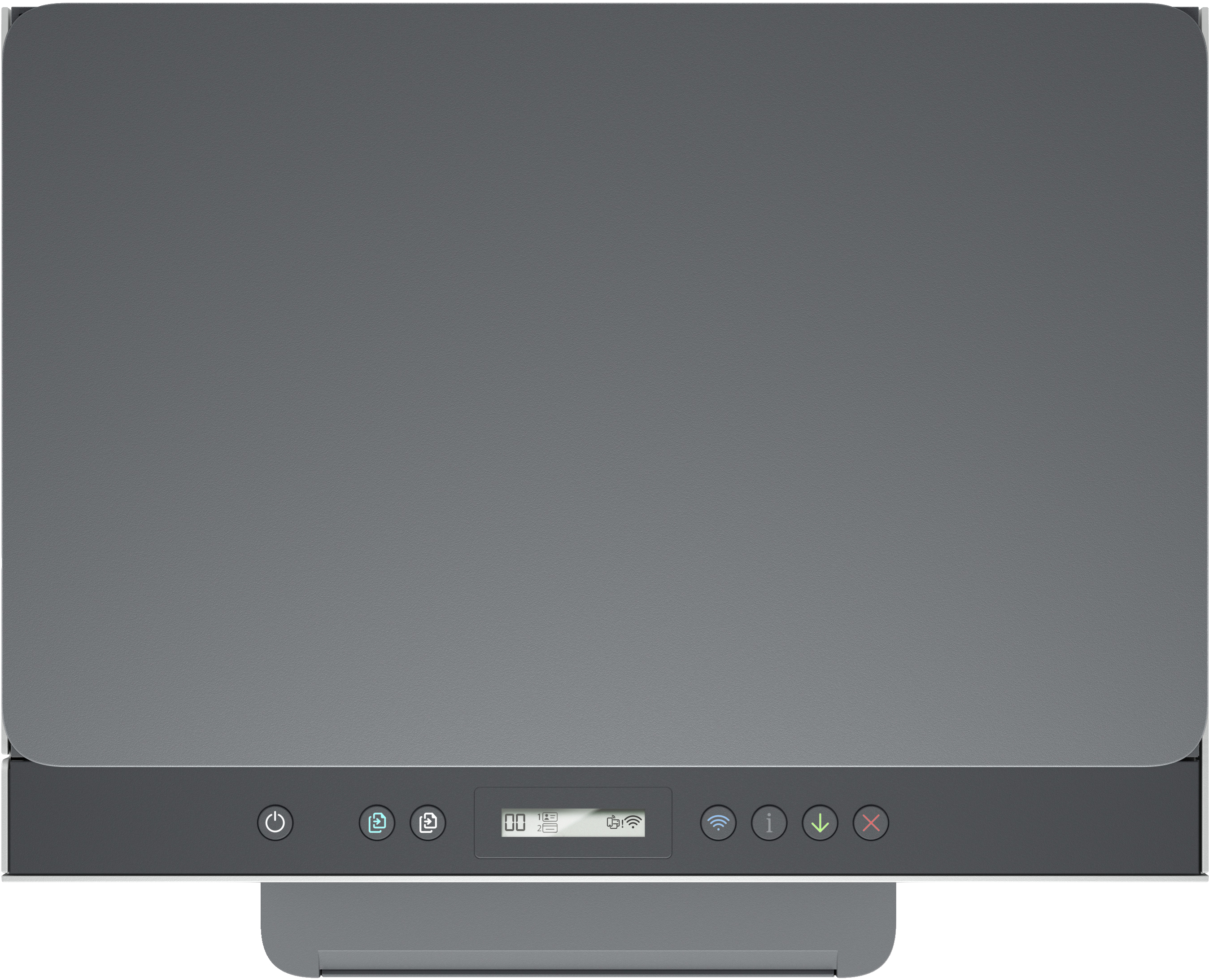 Ein HP-Druckerscanner, Draufsicht. Er ist weiß und grau mit einem schwarzen Bedienfeld.
