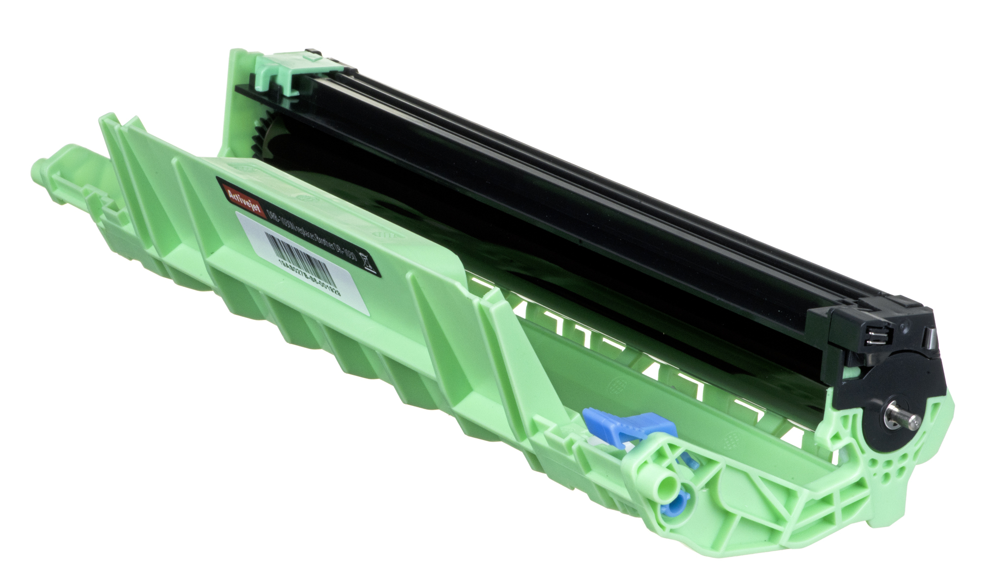 Zielony i czarny bęben drukarki, z tekstem. Widoczna nazwa marki.