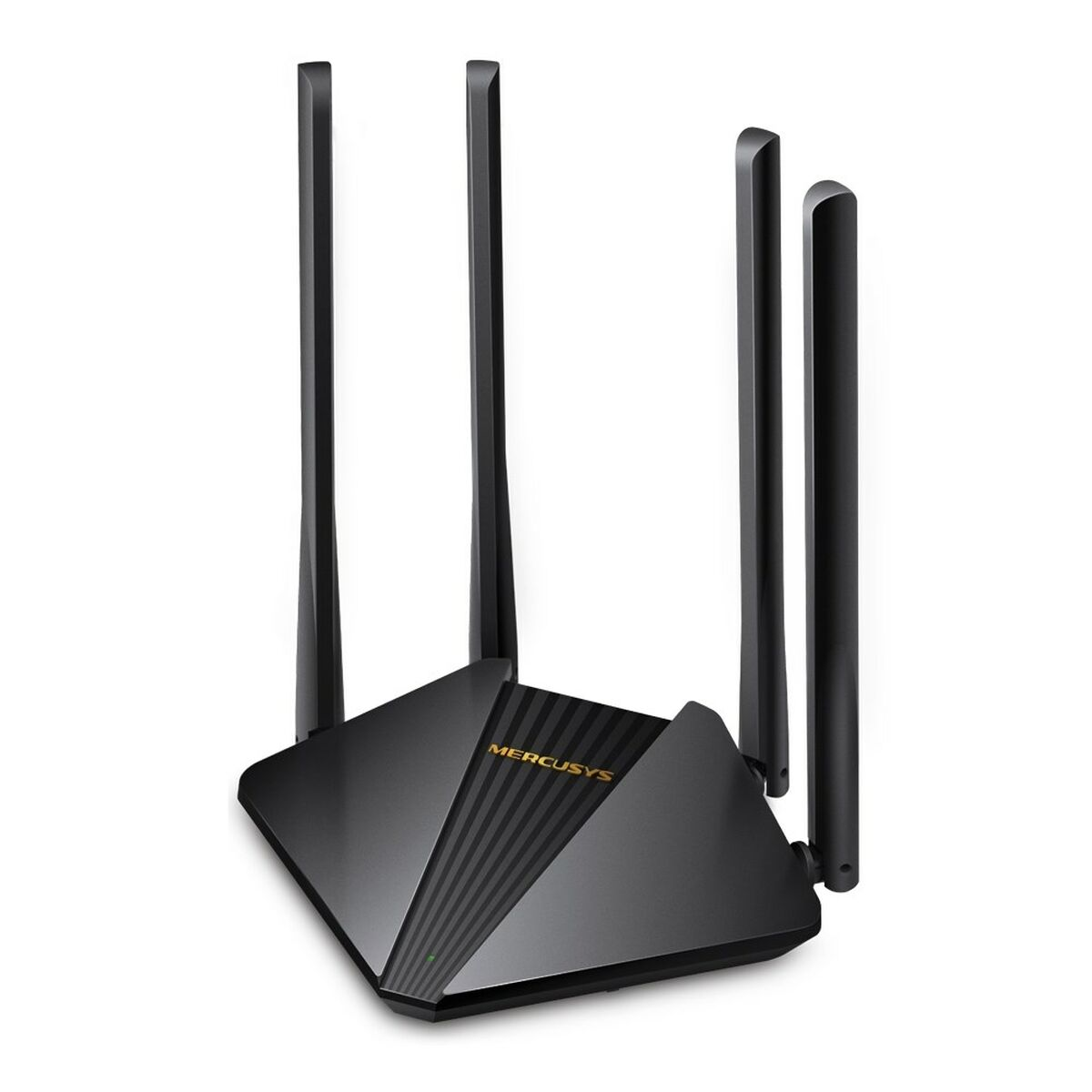 Czarny i szary router Mercusys z czterema antenami. Widoczna nazwa marki.
