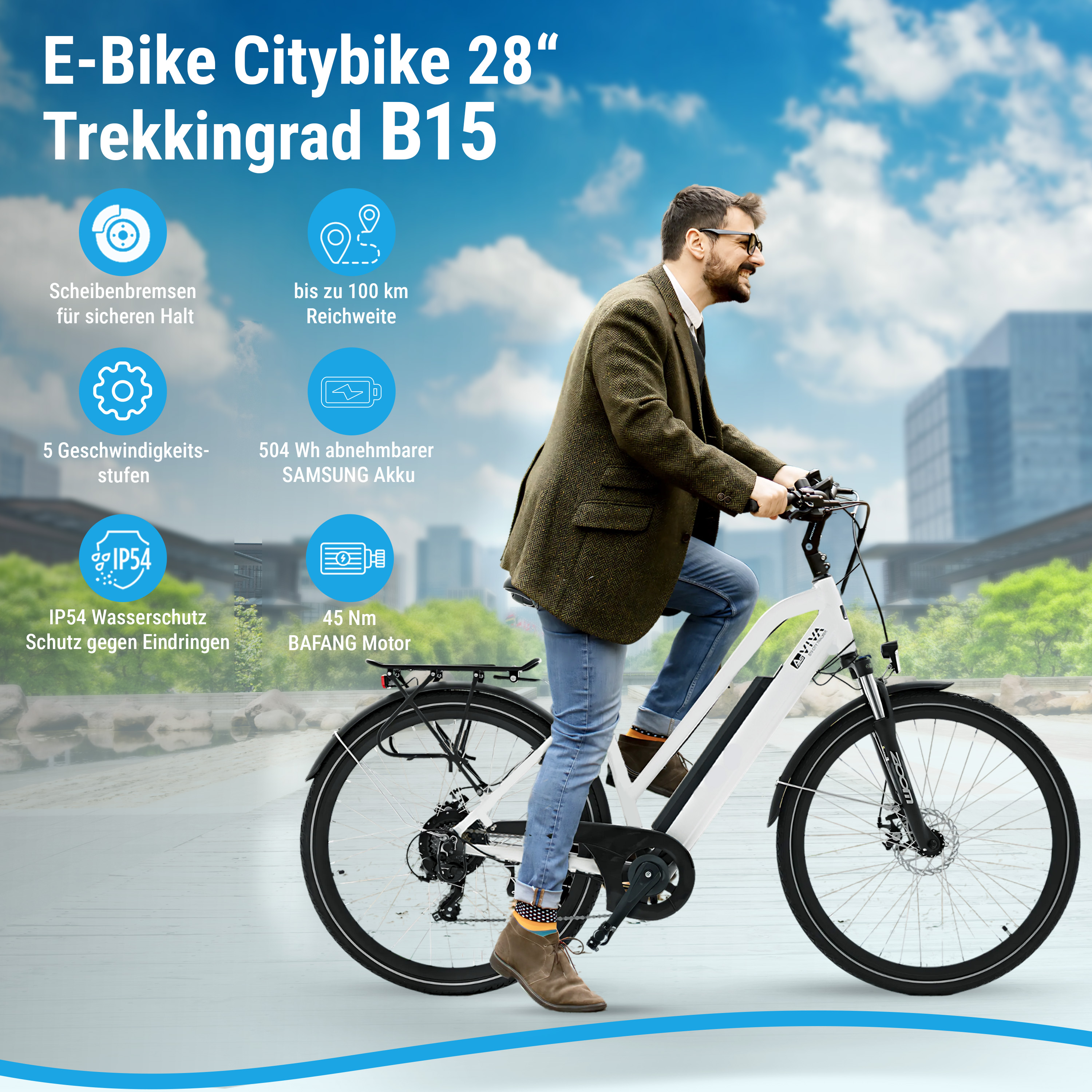 Mann fährt E-Bike. Text zeigt Bremsen, Akku, Motor.