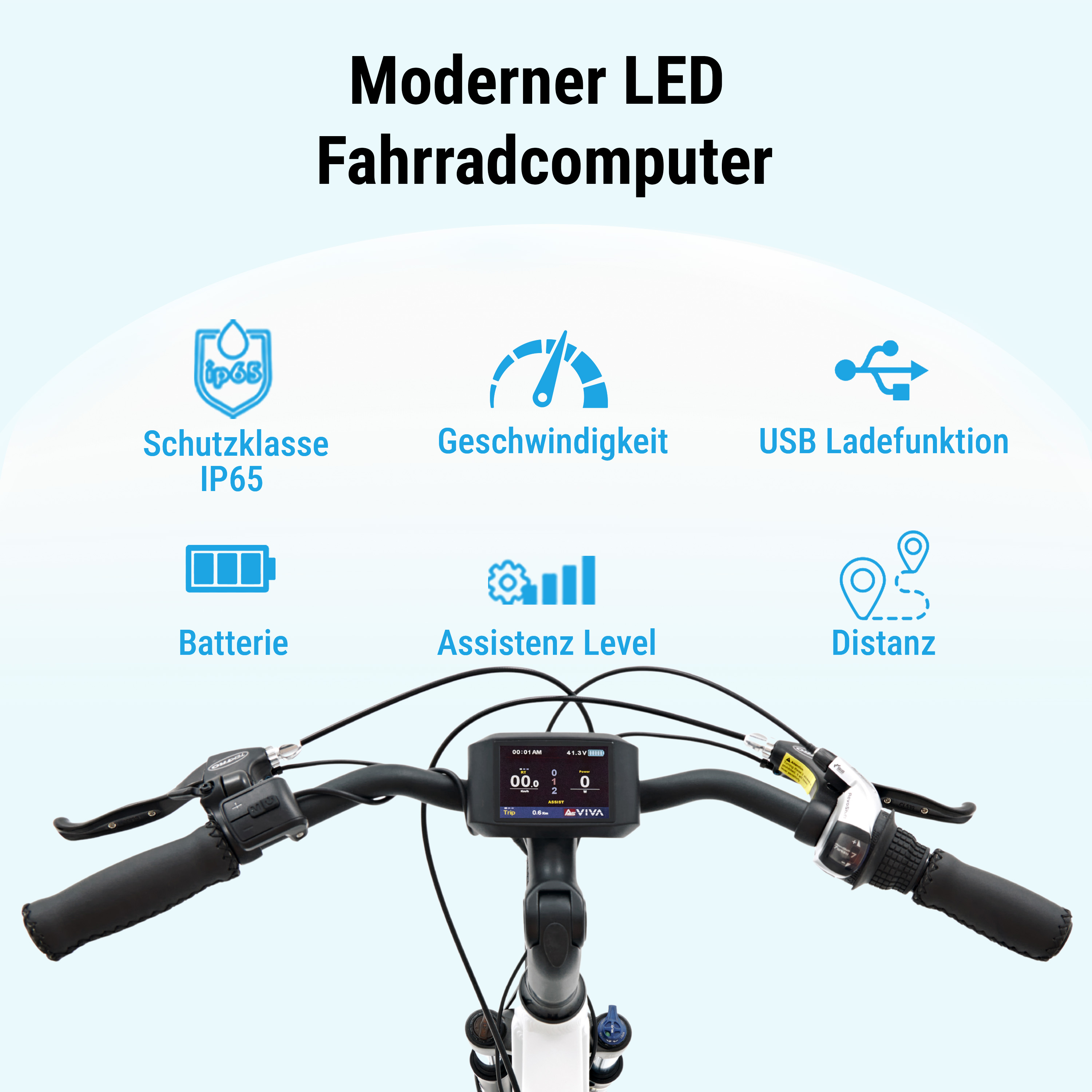Ein Fahrradlenker mit Display und verschiedenen Symbolen.
